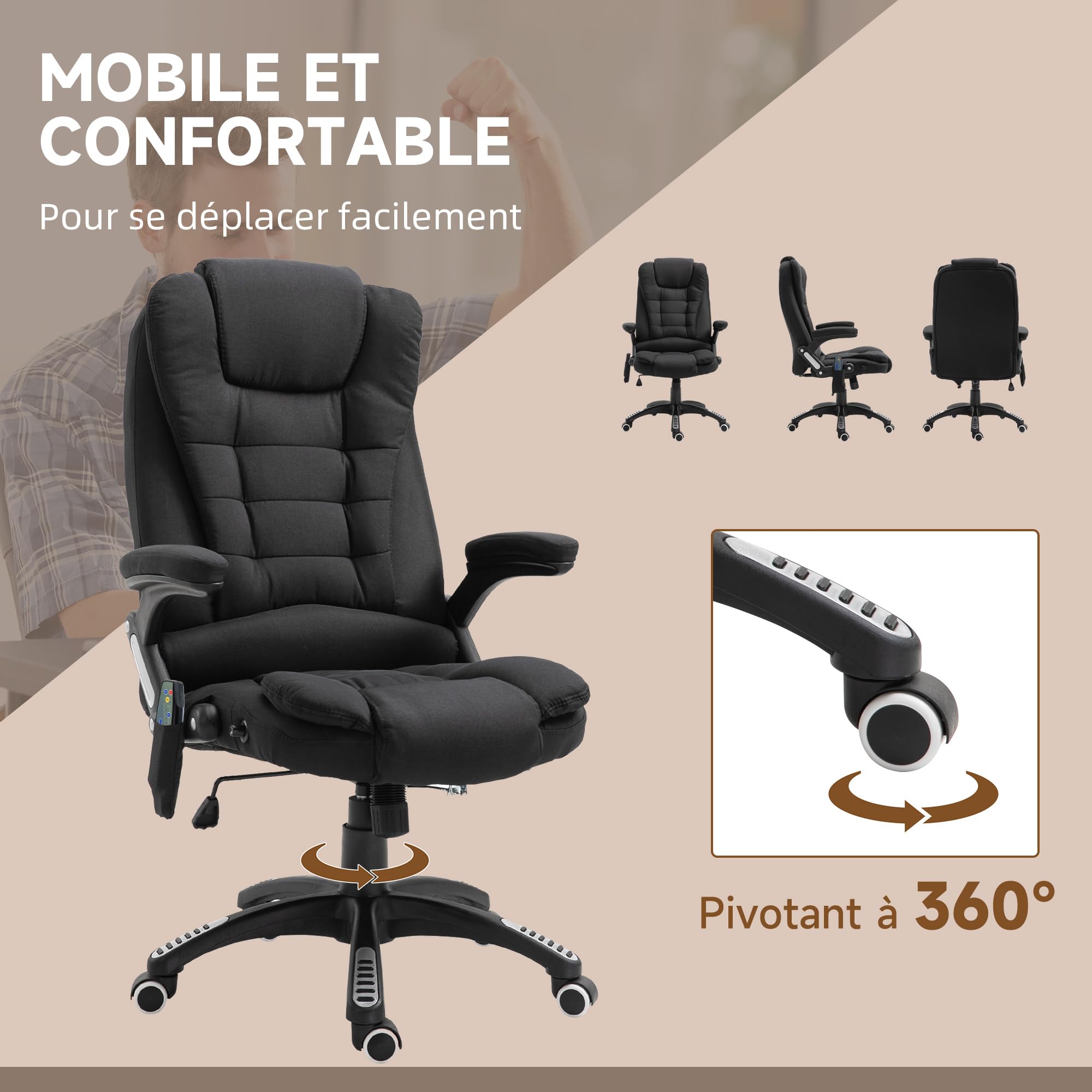 Vinsetto Fauteuil de Bureau massant et Chauffant, Chaise de Bureau, Chaise Ergonomique avec Hauteur réglable, Dossier inclinable et télécommande Filaire, pivotant à 360° Tissu en Polyester Noir