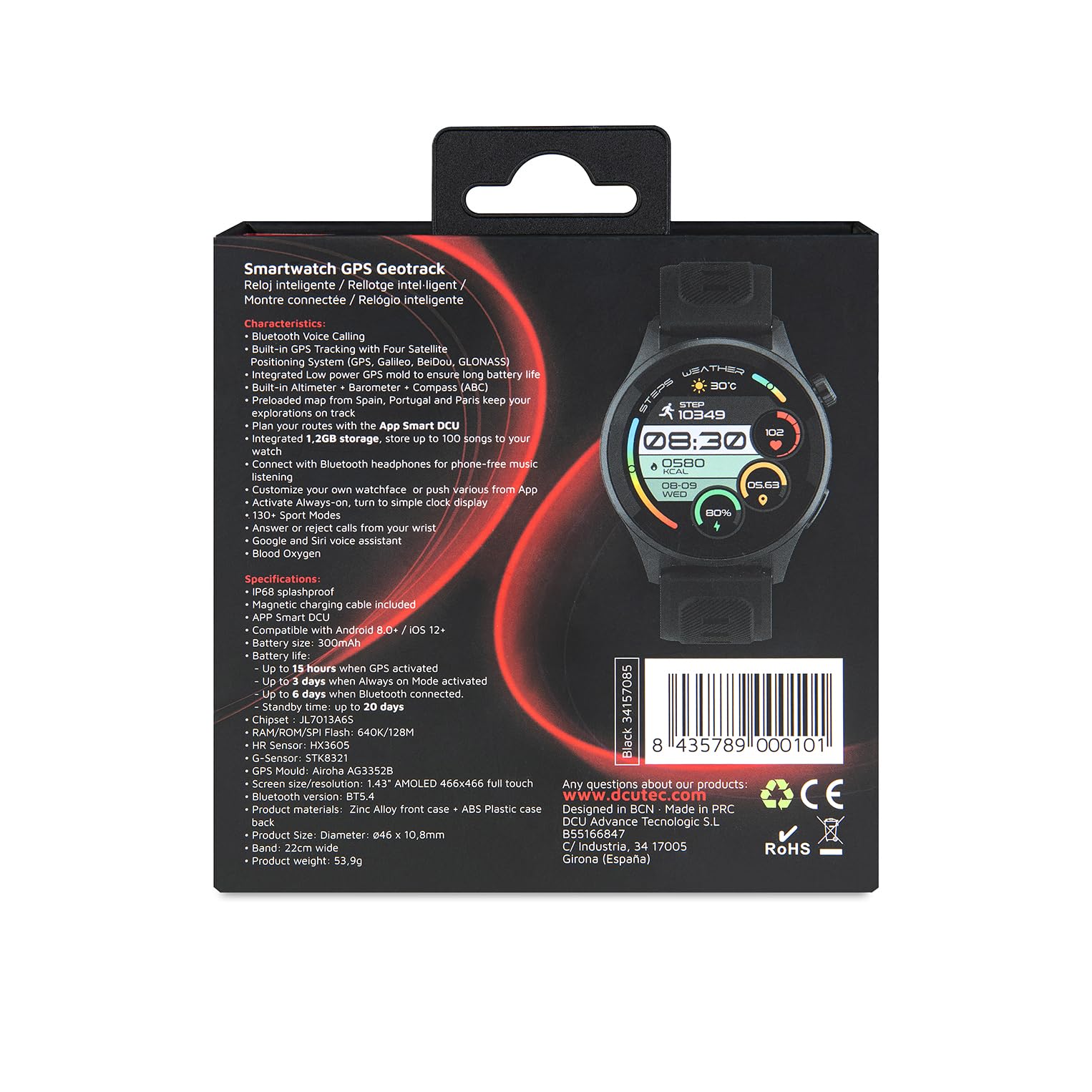 DCU TECNOLOGIC Smartwatch con GPS Integrado y Llamadas Bluetooth – Pantalla AMOLED 1,43'' | Música sin teléfono | Asistente de Voz | Más de 130 Modos Deportivos | Compatible Android/iOS