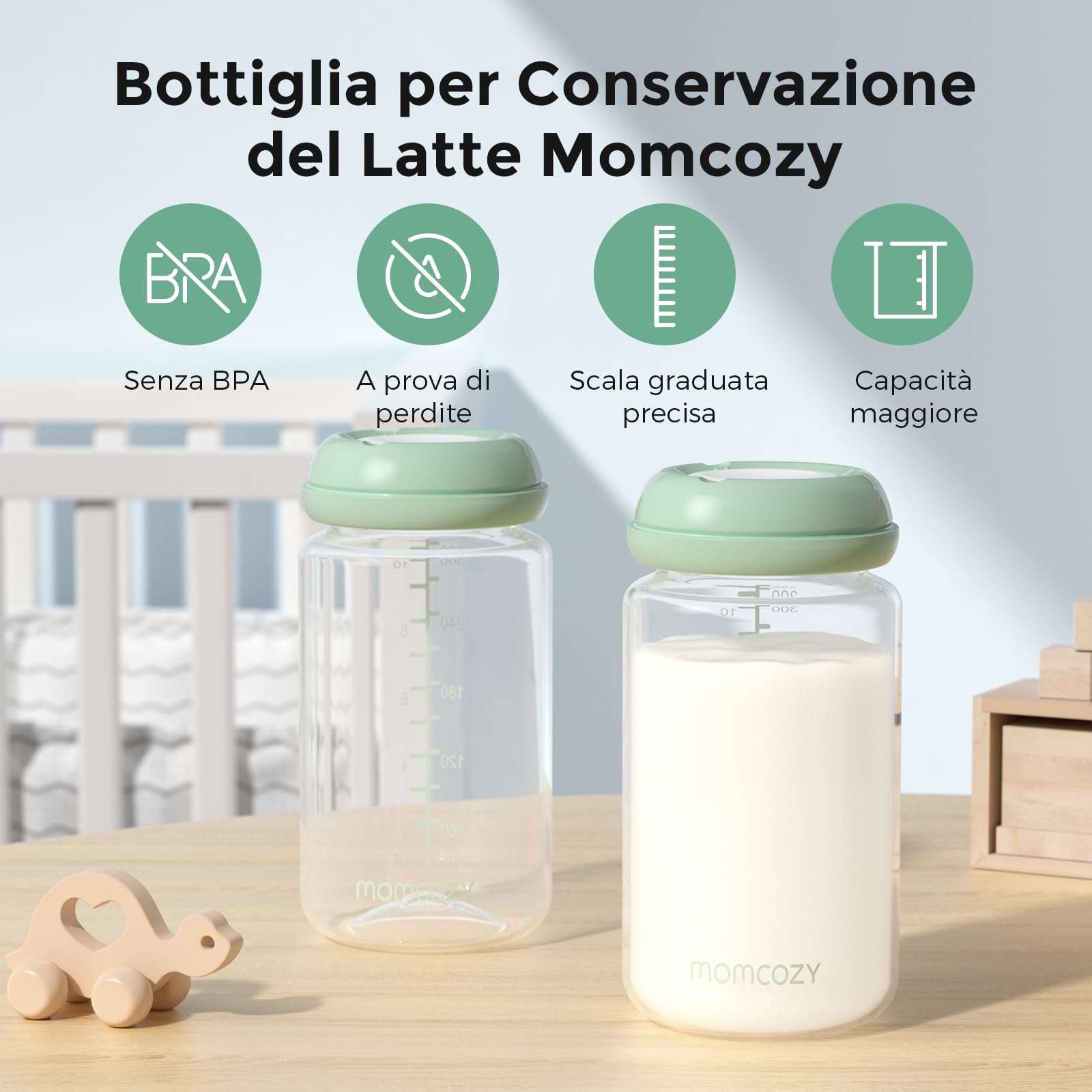 Momcozy Bottiglie per Conservazione Latte Materno 300ml Collo Largo, Biberon Contenitori Latte Materno per Frigorifero/Freezer, Senza BPA, Set 4 Pezzi