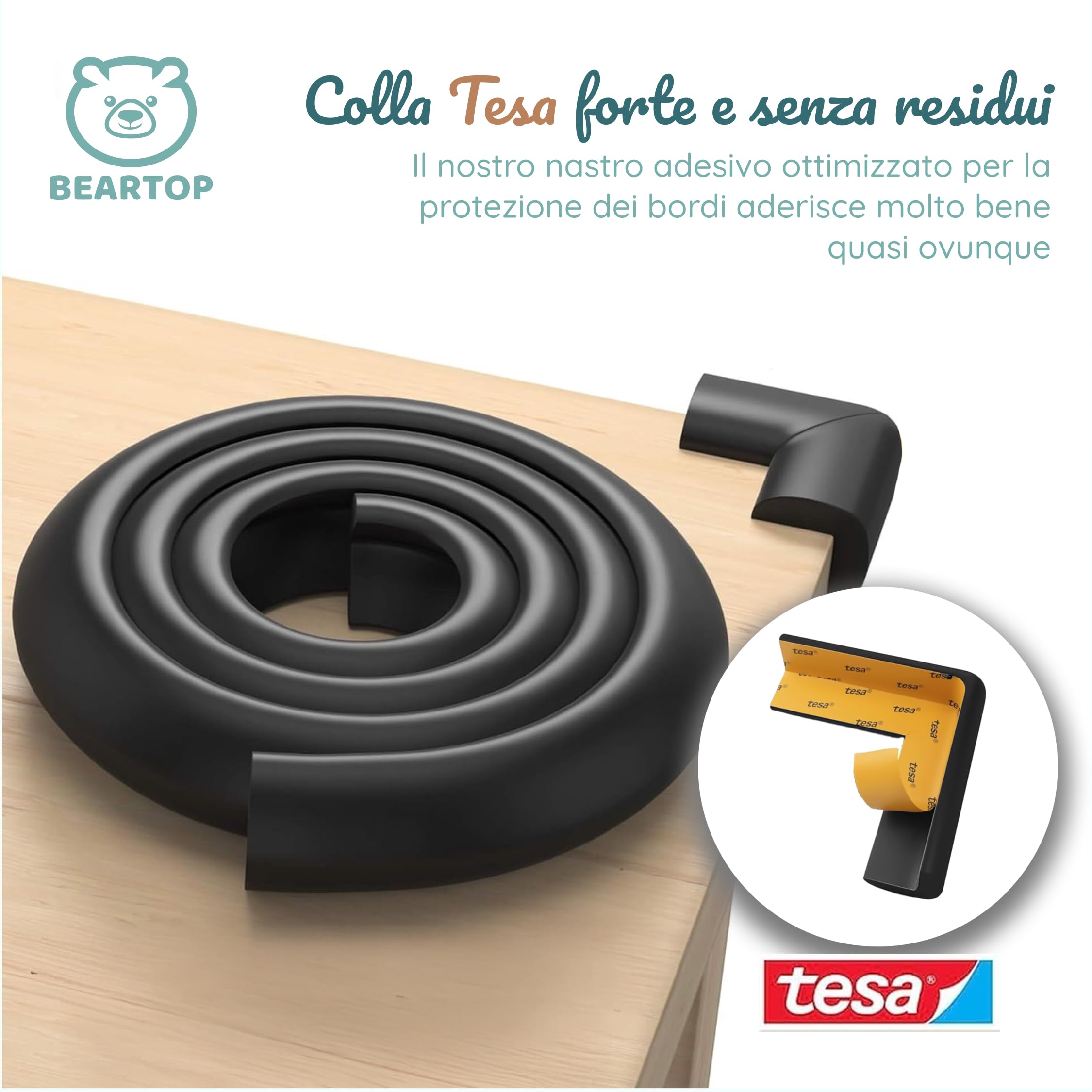 BEARTOP morbido paraspigoli | forte adesivo Tesa | protegge neonati, bambini e anziani | per tavoli, piani, cassettiere | paraspigoli autoadesivo per tavoli | nero