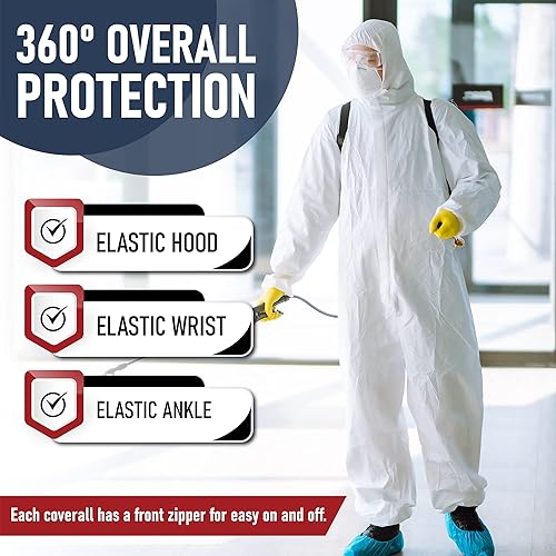 Vista 10 de Trajes desechables para materiales peligrosos, 9 opciones de tamaño, con capucha, resistente, transpirable, traje de pintor