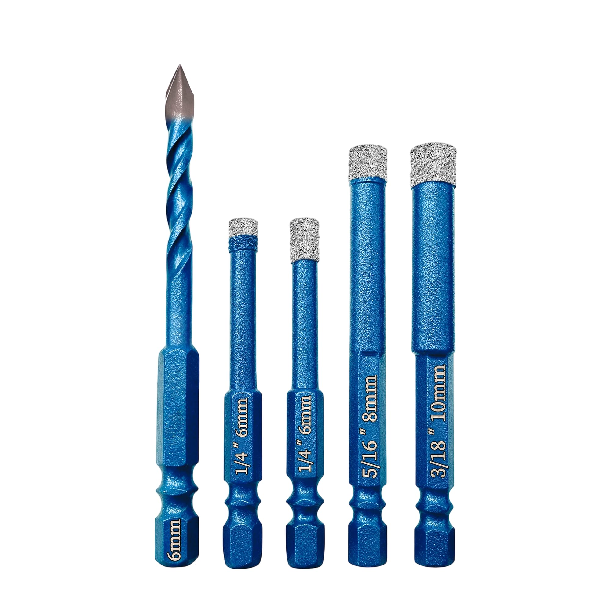 Zeeorymn Porcelain Tile Dry Drill Bits Set,Diamond Hole Saw Kit,6mm+6/6/8/10mm with Quick Change Hex Shank for Granite, Marble, Porcelain, Glass, Stone — image 1