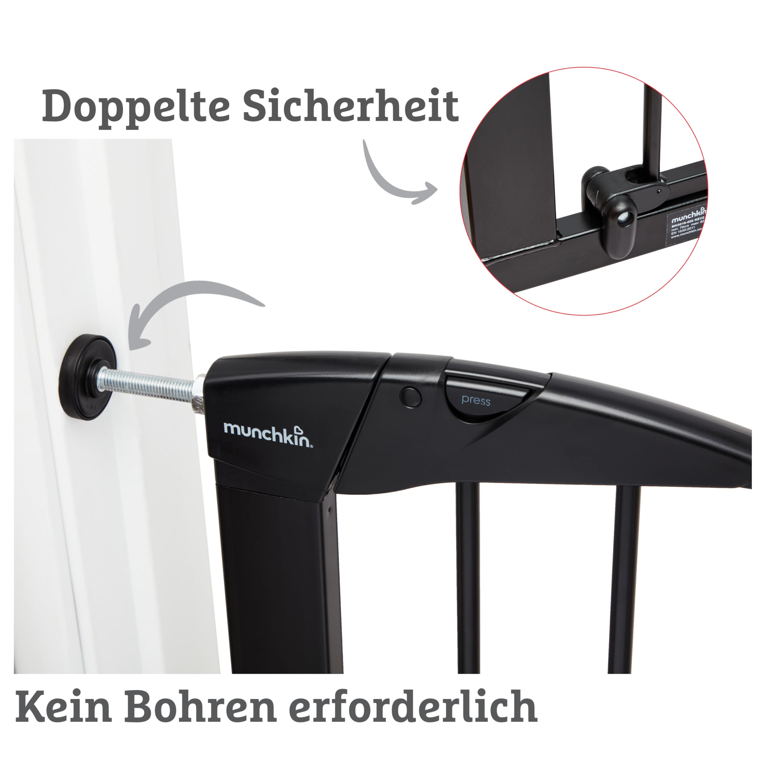 Munchkin Lindam Türgitter für Babys, ausziehbares Türschutzgitter & Treppenschutz zum Klemmen, ideal für Kinder und Haustiere, ohne Bohren, 76-82 cm, schwarz