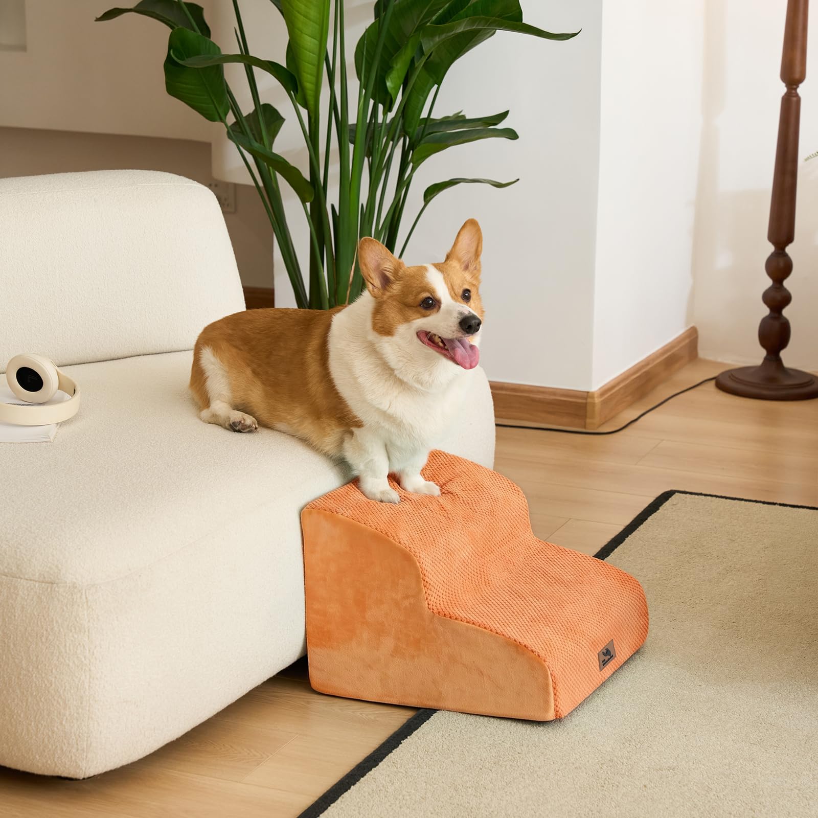 Dripex Curved Dog Stairs for Beds Couches, 2-Step Dog Steps with Durable Non-Slip Fabric Cover, Dog Slope Stairs for Small Dogs, Cats or Pets Friendly, Orange