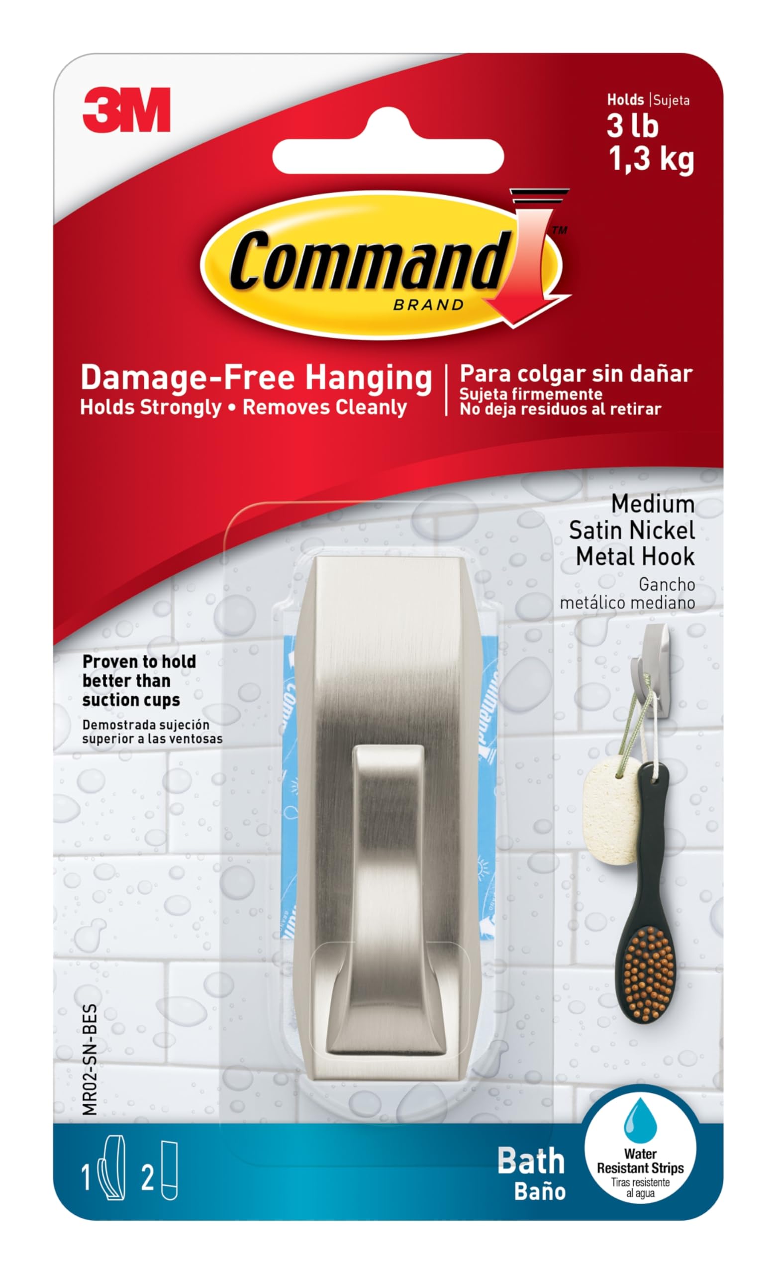 Command Bath Satin Nickel Medium Hook Silver color, 1 Hook + 2 strips/pack | Holds 1.3 kg. | Water-Resistant Strips | Organize | Decoration | No Tools | Holds Strongly | Damage-Free Hanging
