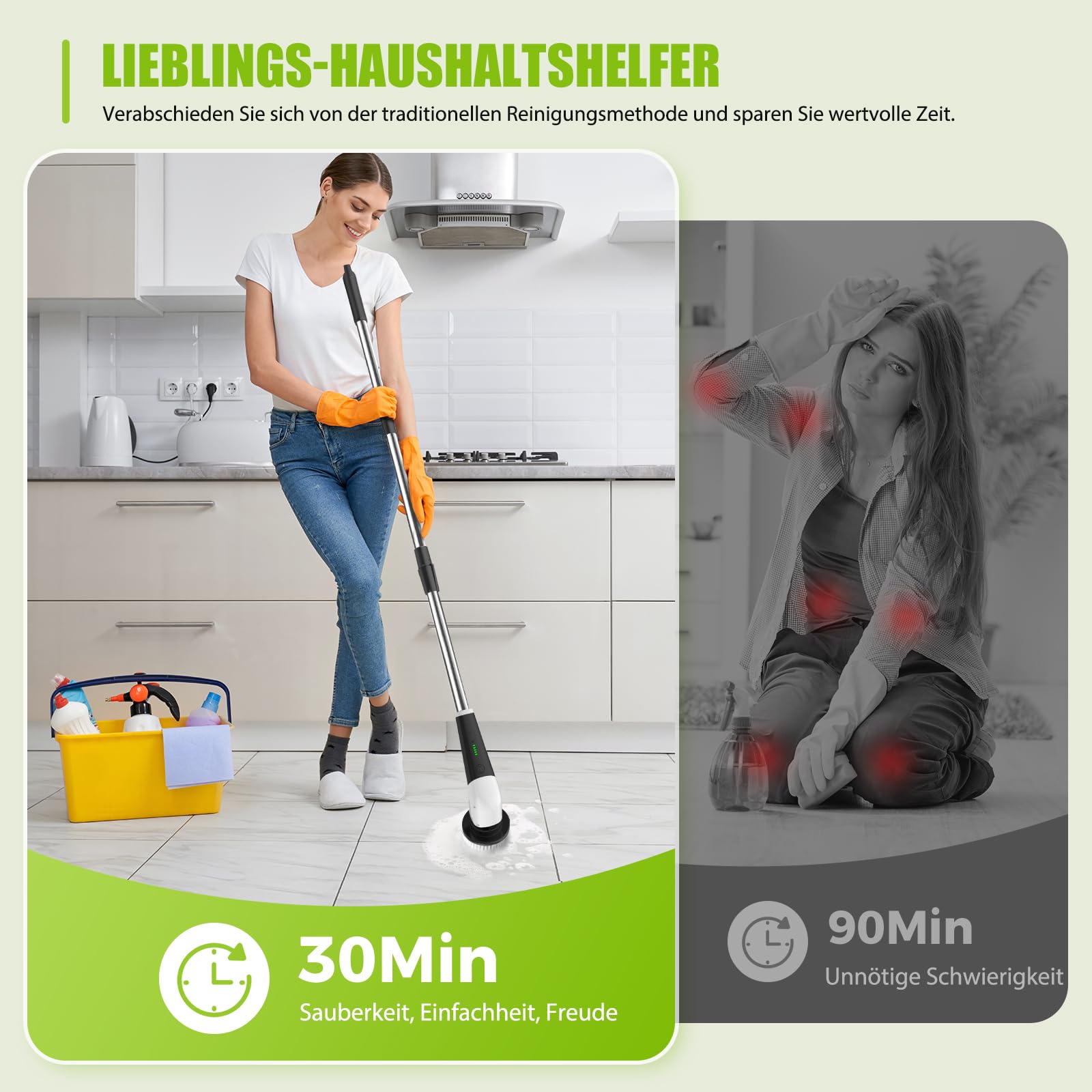 YKYI Elektrischer Reinigungsbürste,Spin Scrubber mit 8 Austauschbaren Bürstenköpfen,IPX7 wasserdichter,Schrubber für Badezimmer,Boden,Küche