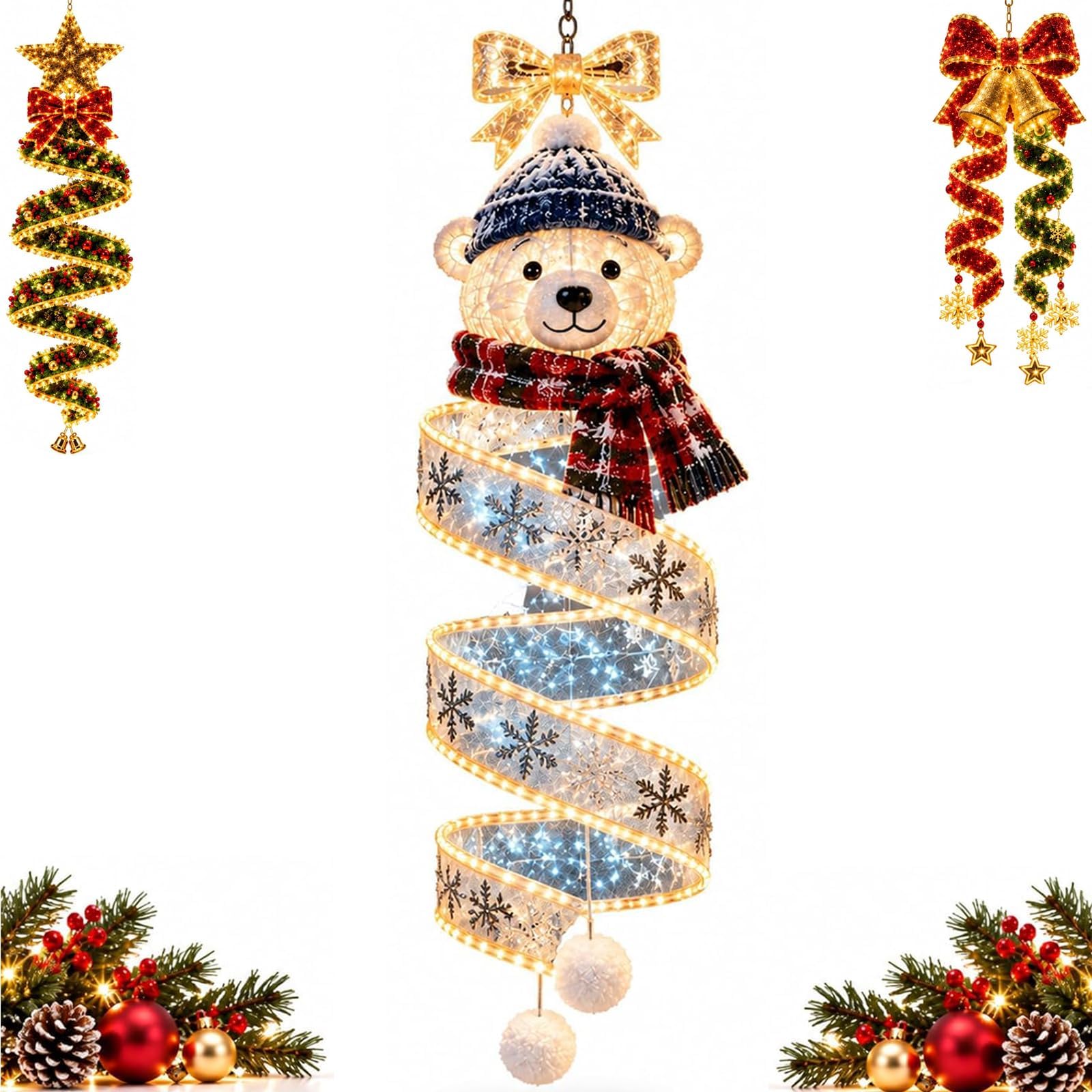 Christmas Magic Spiral Hanging LED Light Collection,Bow Tie Star Polar Bear