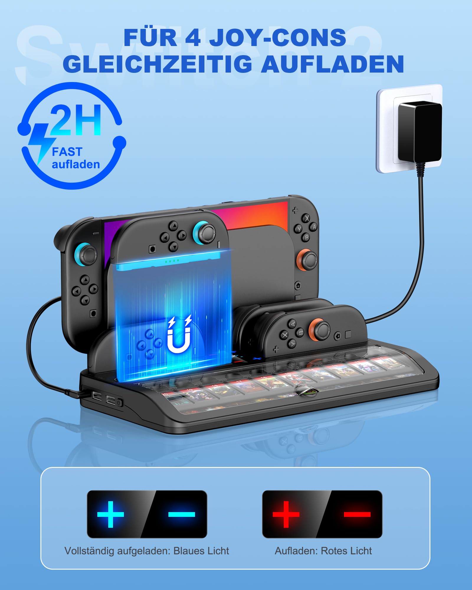 Switch Ladestation für Nintendo Switch 2, 2.5 Stunden Controller Ladestation für Joycons mit 20 Spielesteckplätzen, Spiele Aufbewahrung Docking Station Zubehör