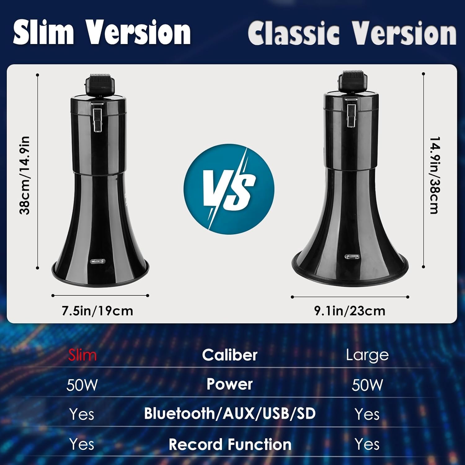 50w Rechargeable Megaphone Bullhorn | Loud Speaker Supports Bluetooth, USB, SD, AUX Input | Built-in Siren and Recording | Slim Size for Police, Outdoor, and Cheerleading (Black)