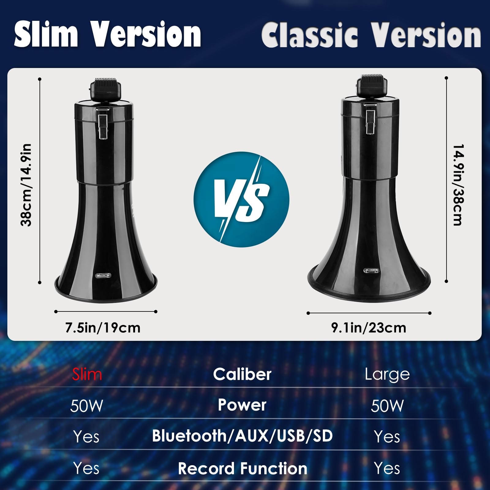 Megáfono megáfono recargable de 50 W, altavoz compatible con Bluetooth, USB, SD, entrada AUX, sirena y grabación integradas, tamaño delgado para policía, exteriores y animadoras (negro)