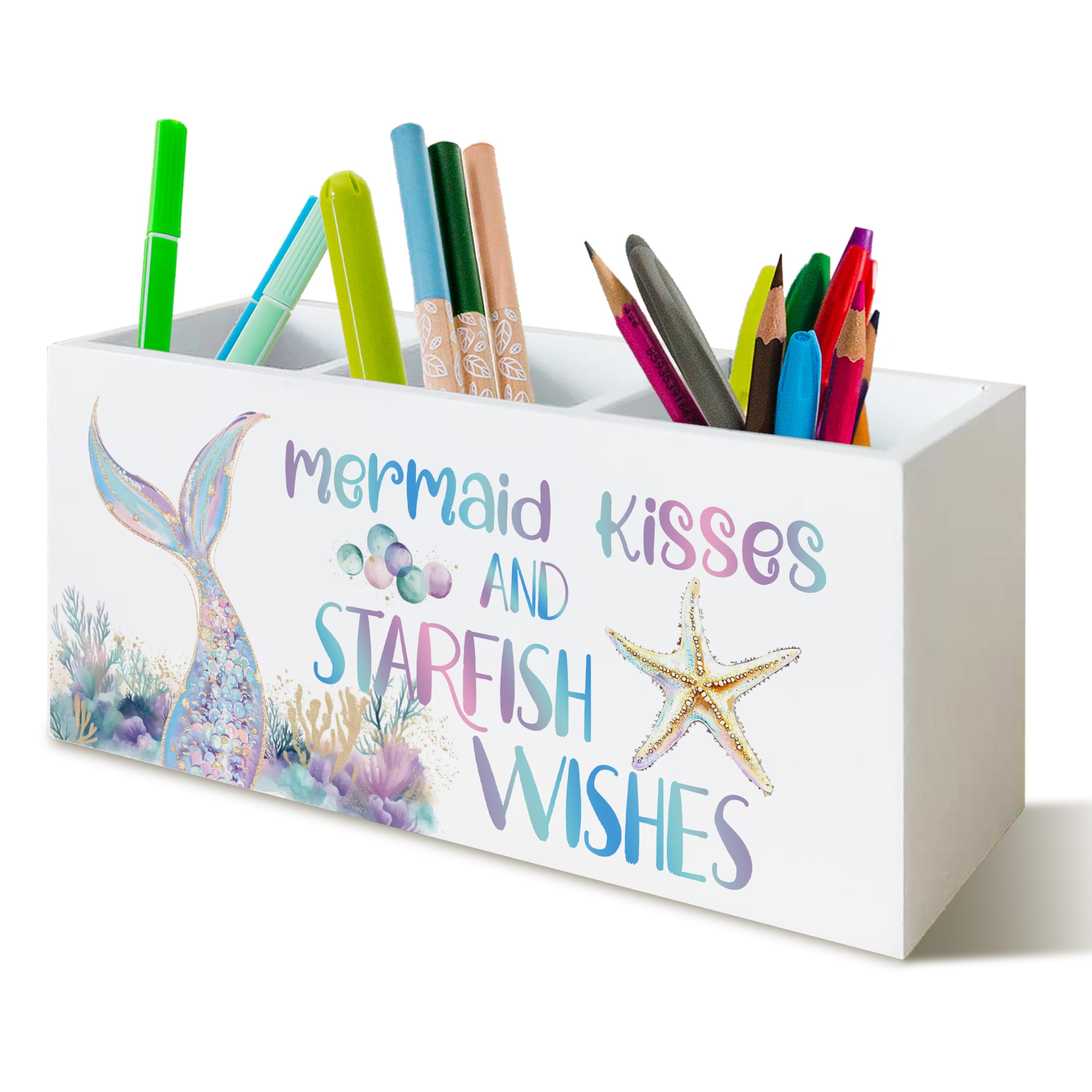 YTRGI Pastel Mermaid Beach Pen Pencil Holder Organizer for Desk, Mermaid Gifts for Girls Women, Coastal Ocean Starfish Coral Wooden Box Block Sign for Home Classroom Dorm Office Tabletop Decor โ image 1