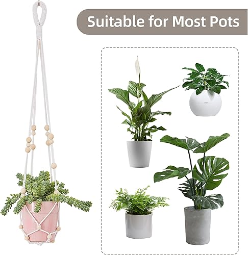 Miniatura 4 de LSEYKRMH Perchas para plantas de macramé con cuentas de madera hechas a mano para interiores y plantas de interior paquete de 3 unidades color