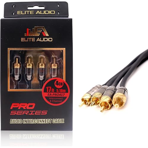 Elite Audio Pro Series 17ft. 4-Channel Car Audio RCA Cable - Triple Shielded Brass Connectors, Oxygen Free Copper Noise Reducing Audio Cable for Amplifiers Subwoofers Speakers and Processors – PRO417
