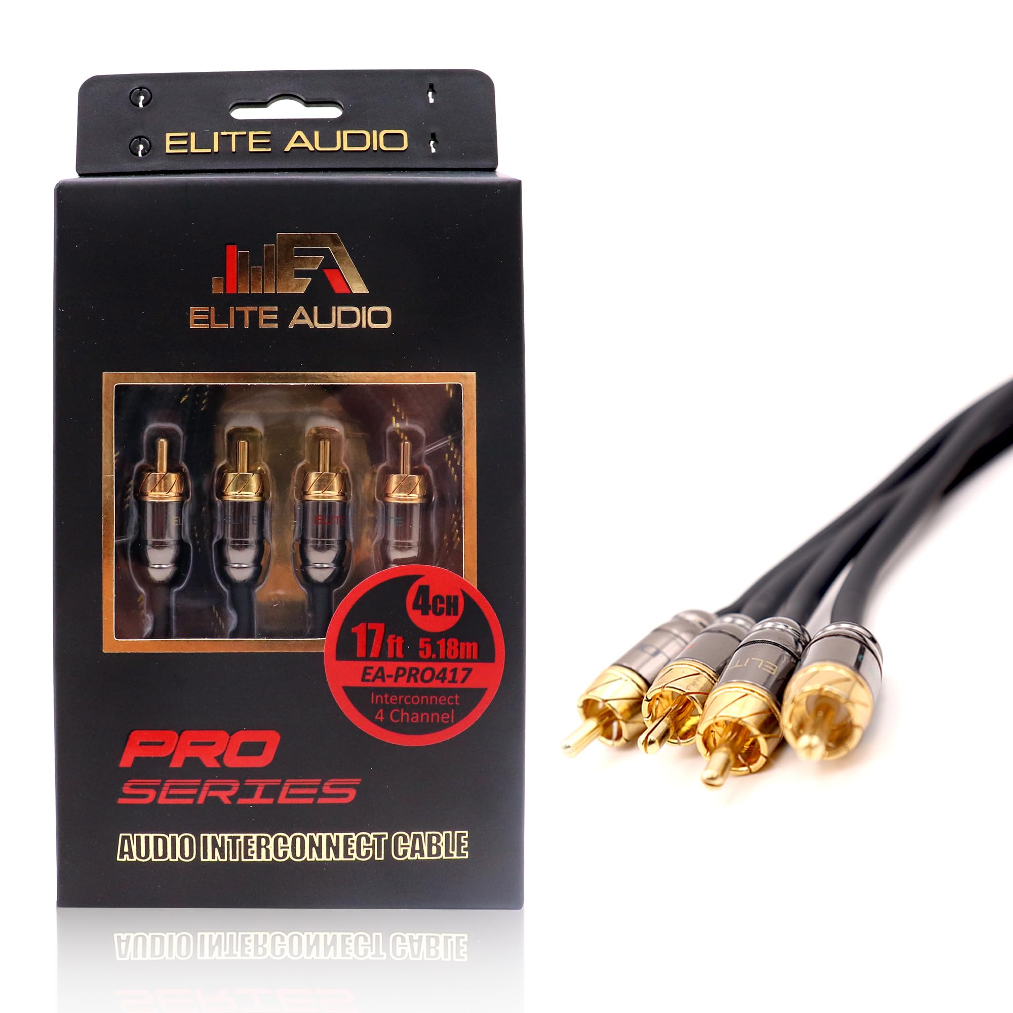 Elite Audio Pro Series 17ft. 4-Channel Car Audio RCA Cable - Triple Shielded Brass Connectors, Oxygen Free Copper Noise Reducing Audio Cable for