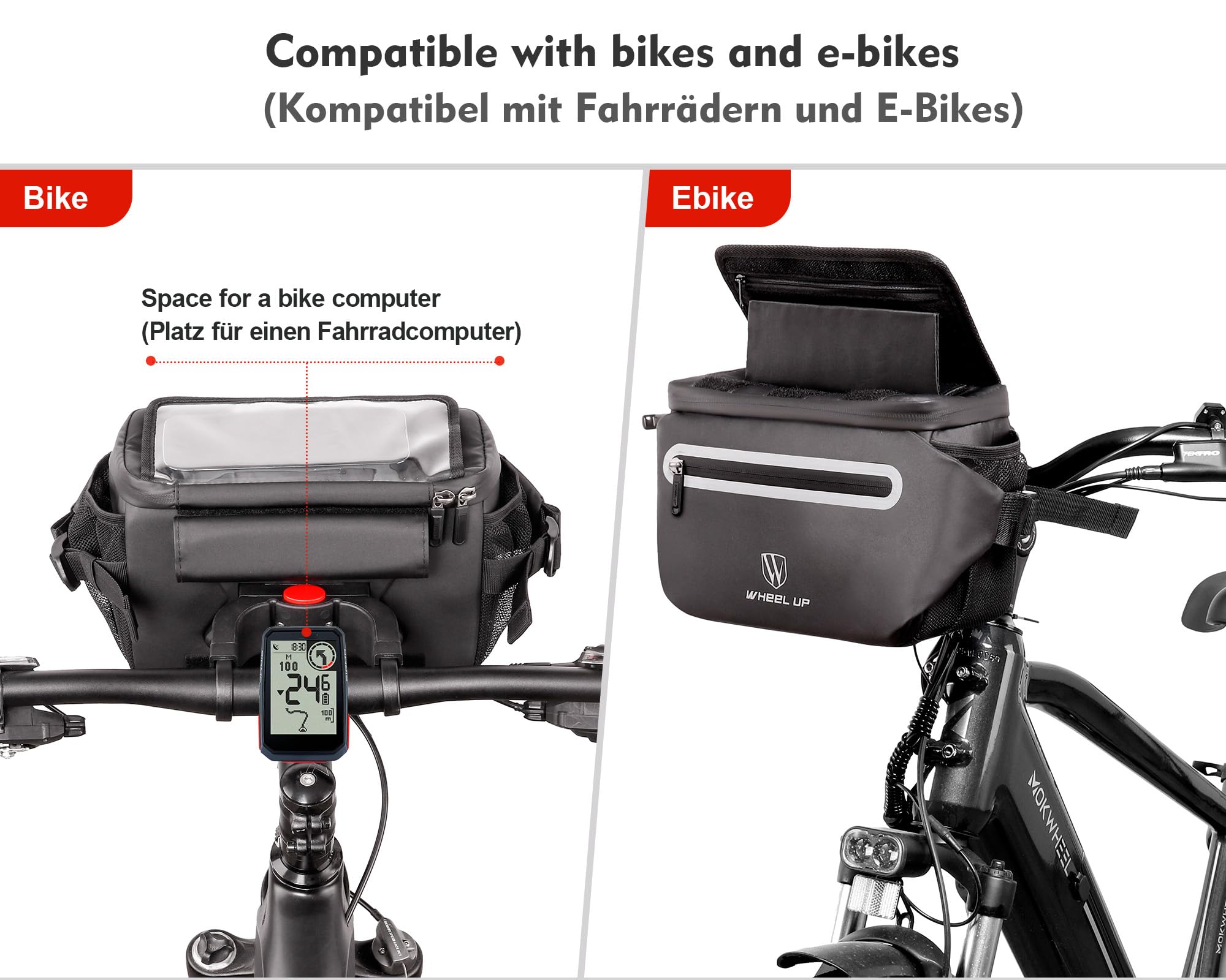 WHEEL UP Handlebar Bag Bicycle 4.5 L Waterproof E-Bike Bicycle Bag Front Mobile Phone Holder with Water Bottle Holder Quick Release Handlebar Adapter Sports & Outdoors