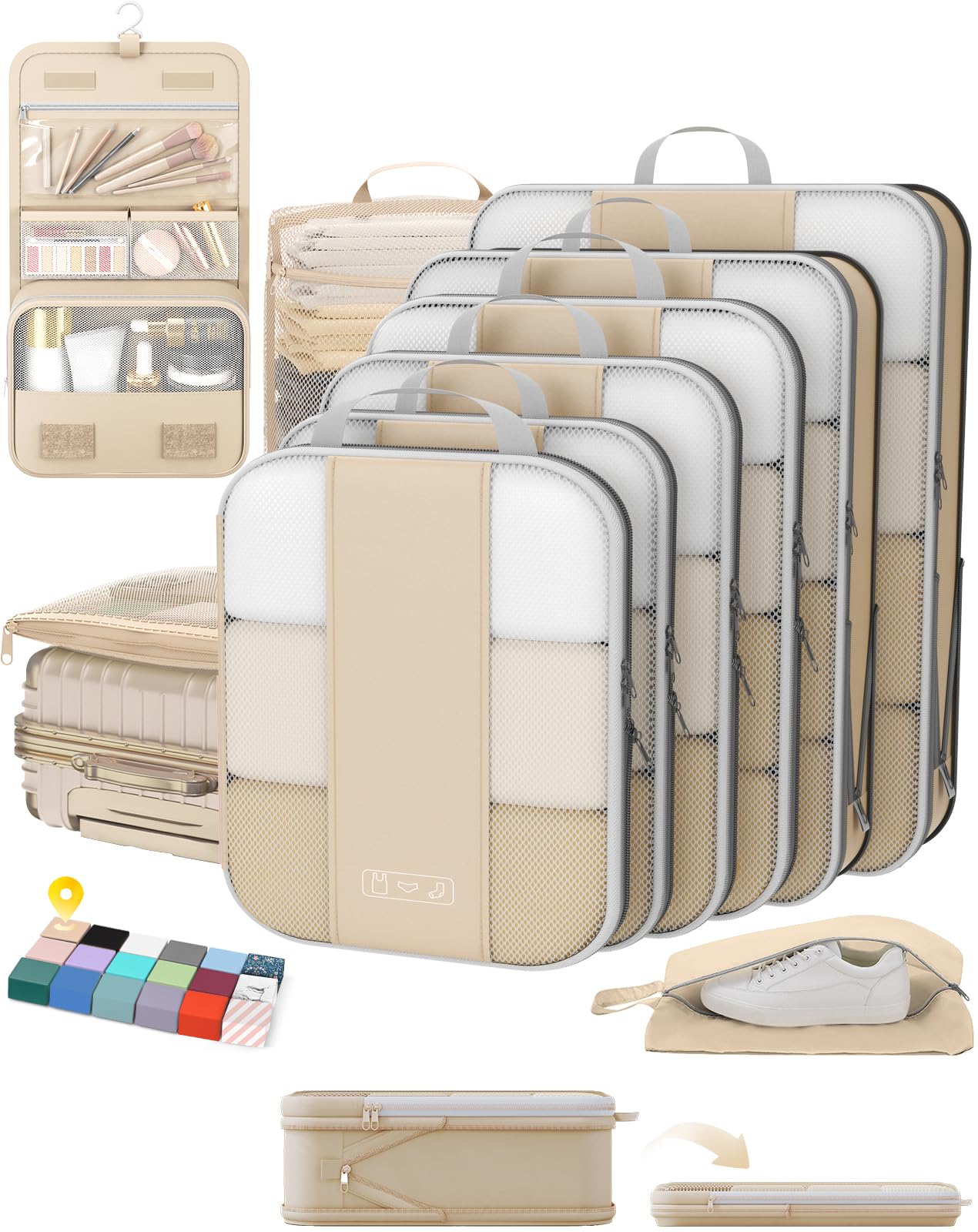 10 Set Compression Packing Cubes for Travel Women Mom,OlarHike Luggage Clothes Storage Gifts for Travelers,Airplane/Cruise/Car/Train Travel Essentials,Compressible Expandable Saver Space Bags(Beige)