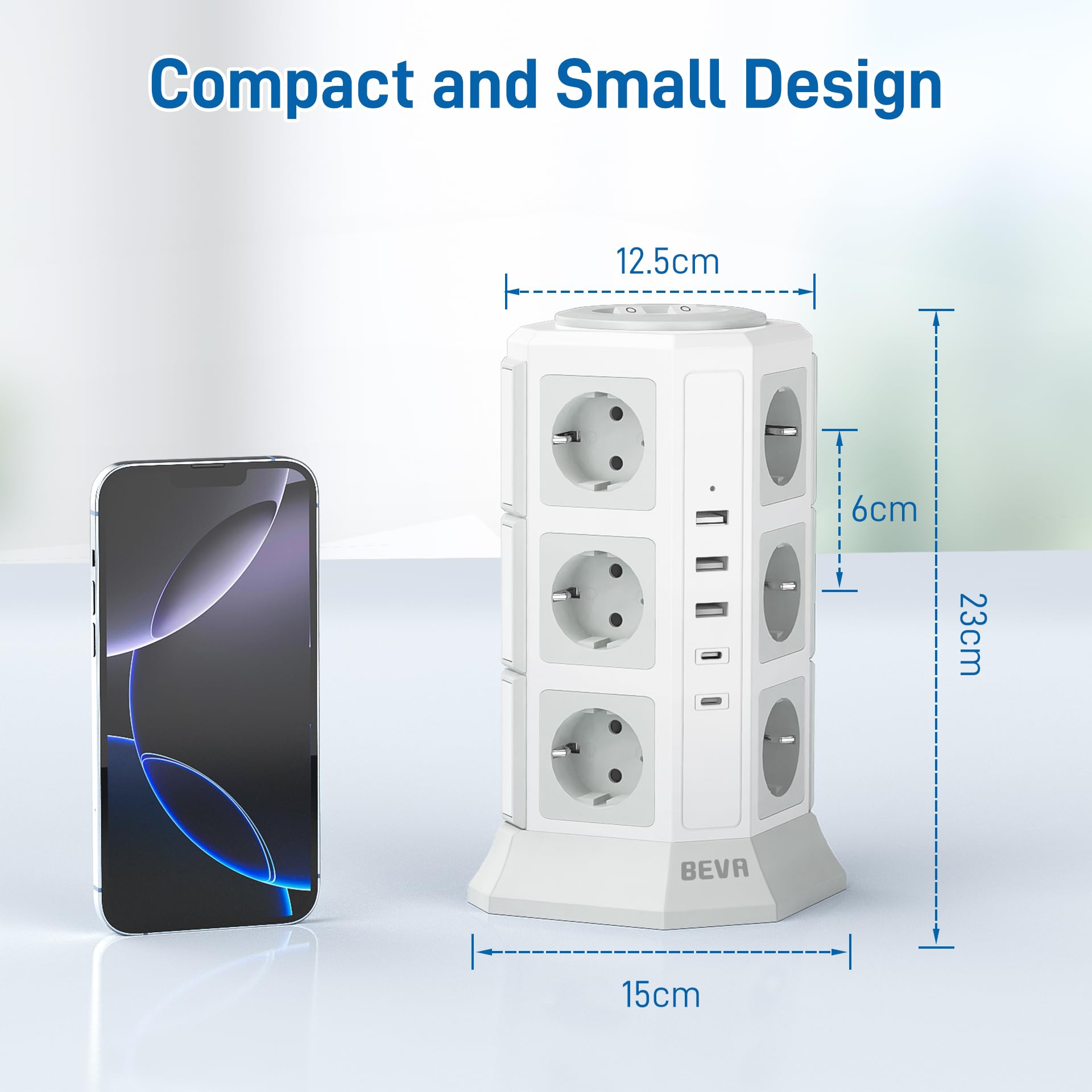 BEVA Multipresa Ciabatta Elettrica, Multipresa Verticale con 5 Porte USB e 12 Prese AC, 2 Interruttori, Cortocircuito e Surge protezione (2500W / 10A), 2M Cavo (Bianca)