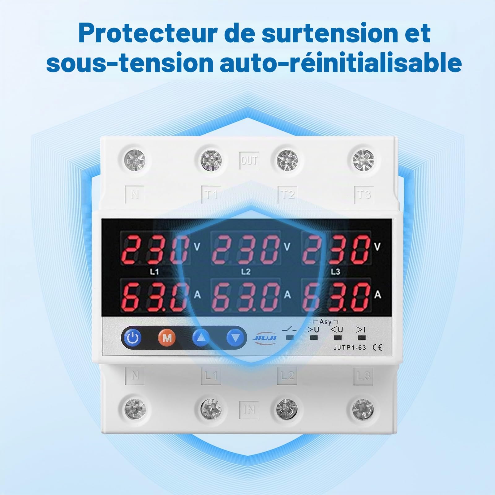 DEWIN Protecteur de Courant de Tension Triphasé, Voltmètre Ampèremètre à Rail DIN Triphasé Relais de Surtension et de Sous-tension AC 220V 100A