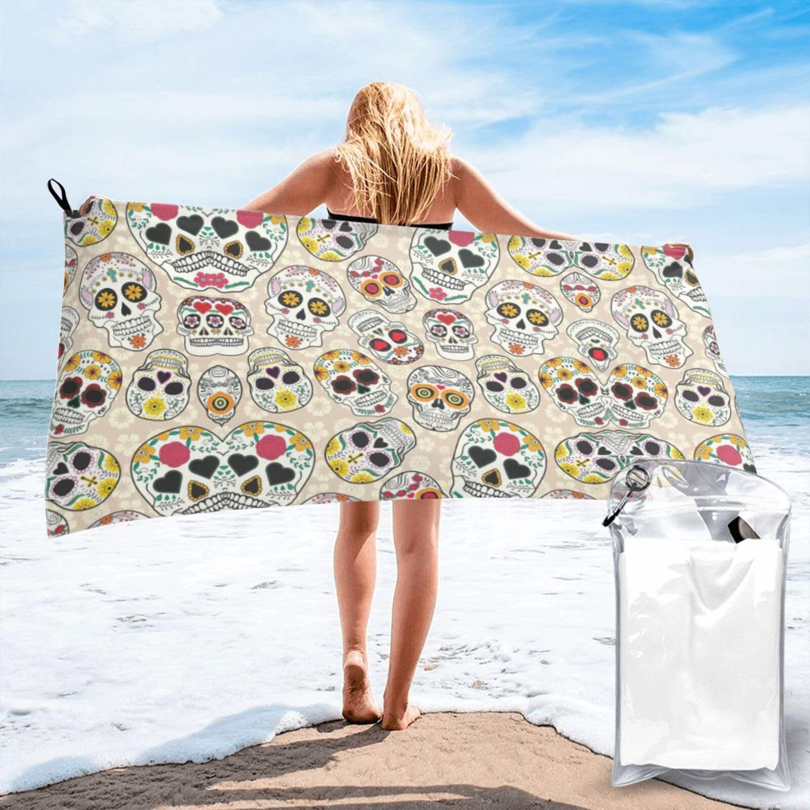 SDEGTHO Mexican Skull1 Print Beach Towel Quick Dry Portable For Swimming Yoga Adults Fitness
