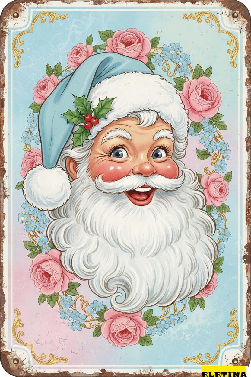Pink Santa Christmas Vintage Tin Sign Shabby Chic New Year Easter Wall Decor Bar Pub Cafe Gift 8x12in