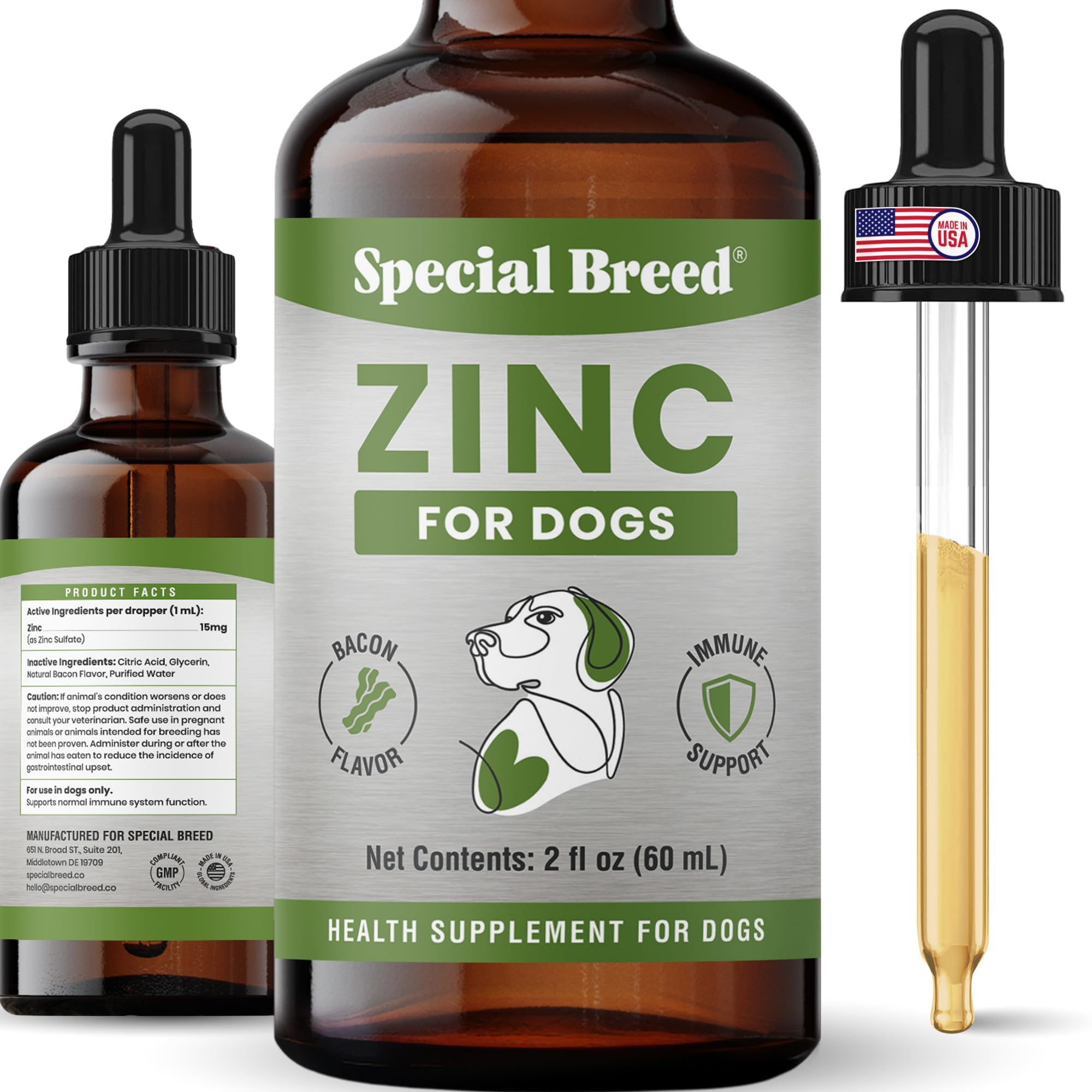 Zinc for Dogs - Liquid Dog Zinc Supplement for Immune Support, Healthy Skin & Coat - 15 mg Zinc Per Serving - Bacon Flavor - 2oz 2 Oz