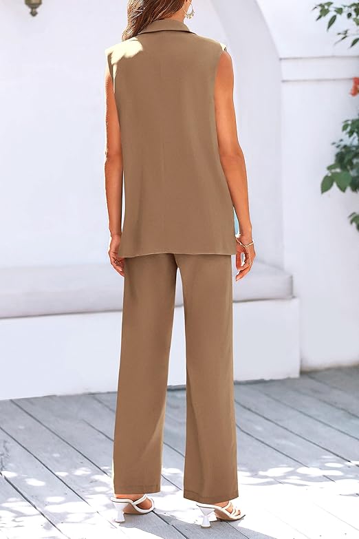 PRETTYGARDEN Women's 2 Piece Outfits Sleeveless Suit Vest and Wide Leg Pants Business Casual Blazer Sets (Khaki,Large) thumbnail 4