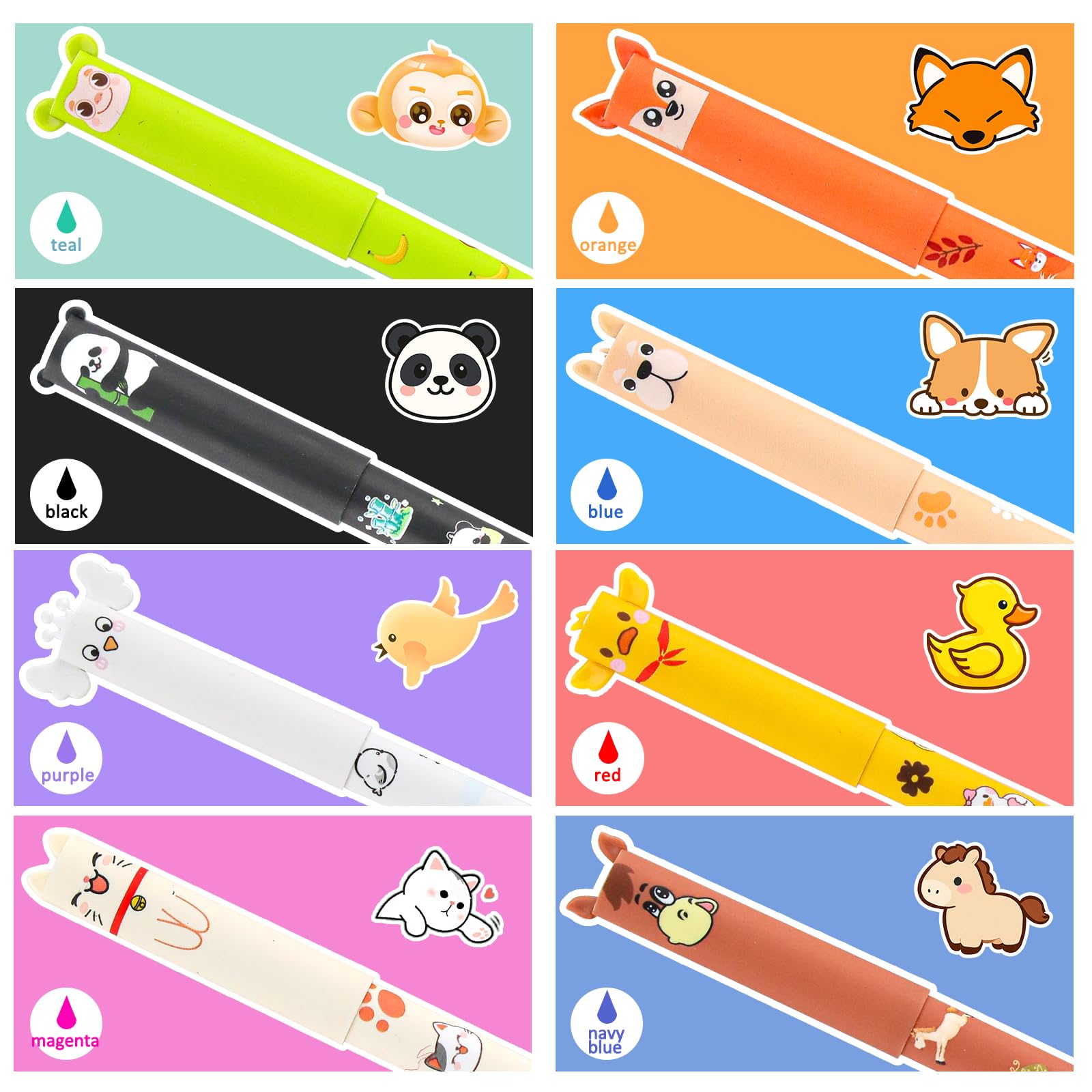 8 bolígrafos de gel borrables de gel borrables con goma de borrar, diseño de animales, 0,7 mm, escritura suave, tinta térmica, multicolor, artículos de papelería para la escuela o la oficina