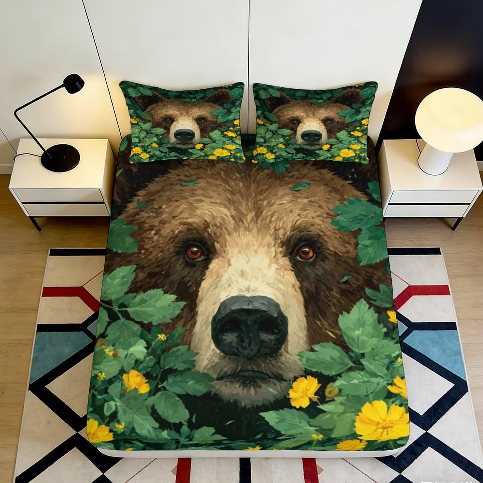 3D Printed Bear Face Fitted Sheet Microfiber Soft Breathable Floral Leaves Bed Cover for Bedroom Dormitory Guest Room Protection Decor 160x200x25cm