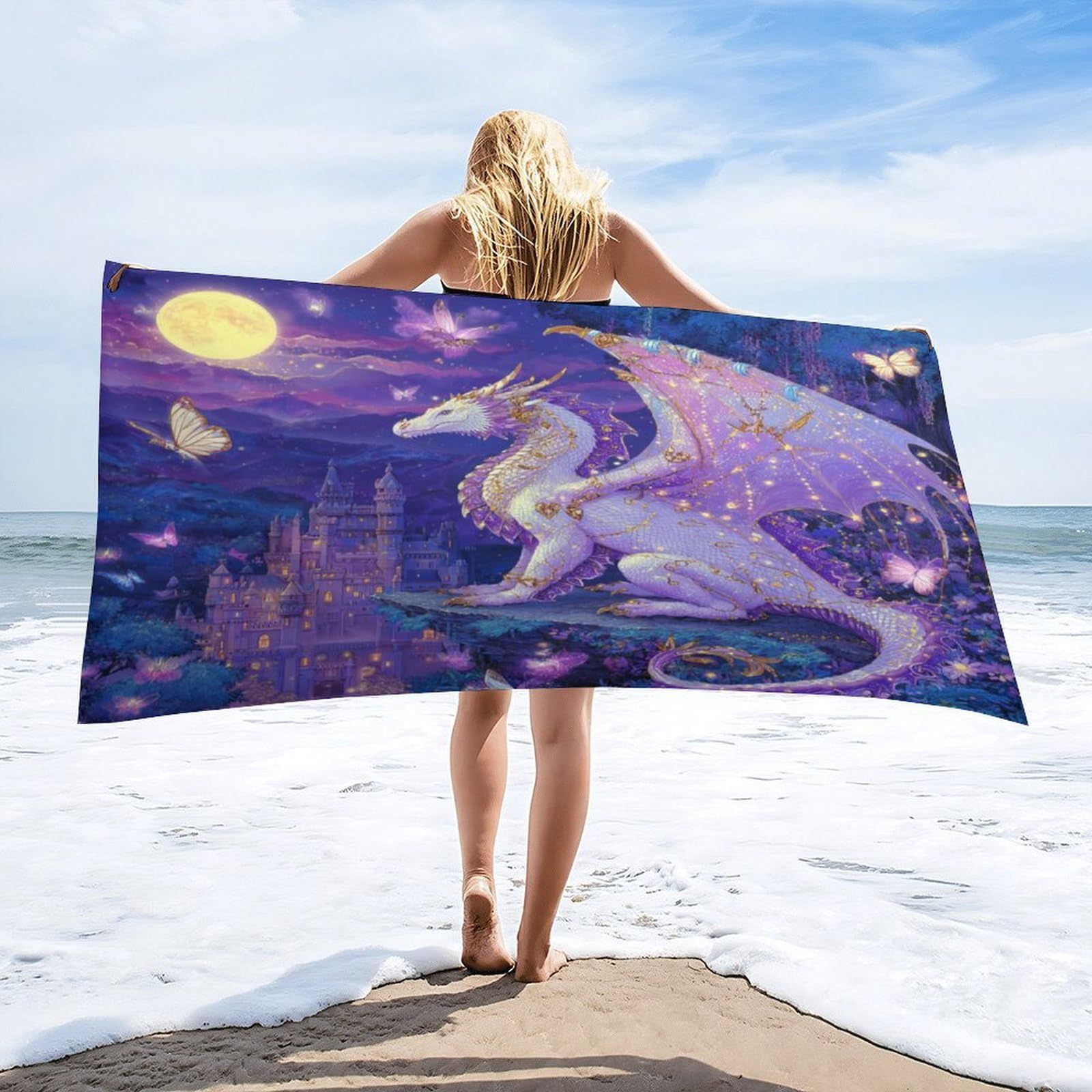 Luyysky Beautiful Vintage Mythical Dragon Absorbent Beach Towel, Modern Art Full Moon Castle Animal Butterfly Plant Flowers Outdoor Single-Sided Velvet Beach Towel-80 W Cm X 160" L Cm