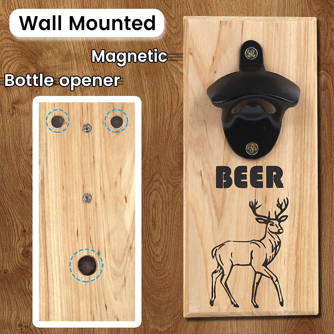 Bieröffner mit Auffangbehälter, Lustig Bierzähler Magnetisch Flaschenöffner, Wand Flaschenöffner aus Holz, Wandflaschenöffner für Bar Party Küche | Männergeschenke | Bier Geschenk,2 pcs