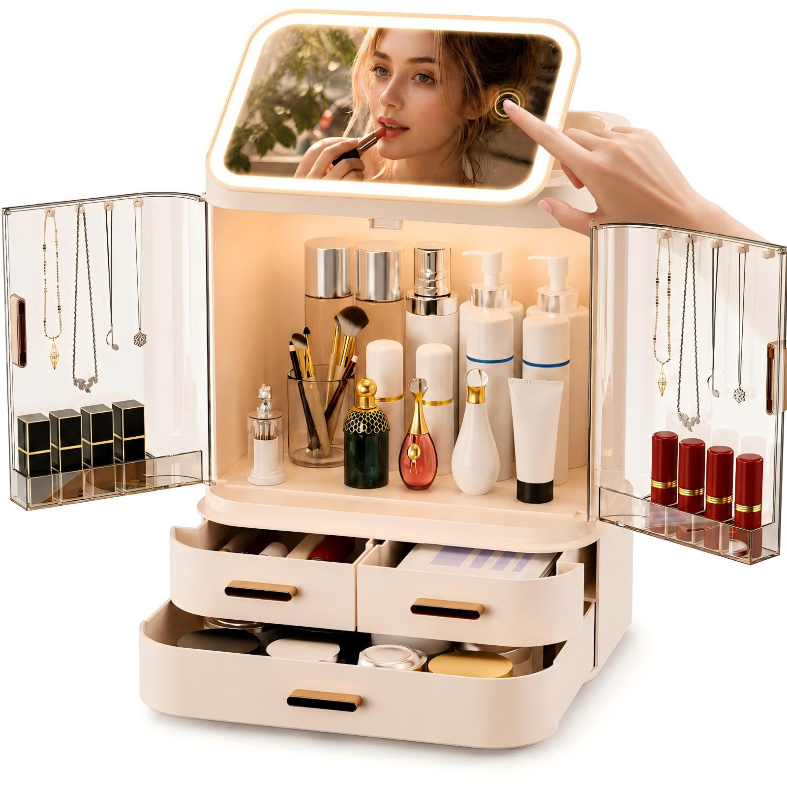 Makeup Organizer with LED Mirror, Cosmetic Display Cases, Off White
