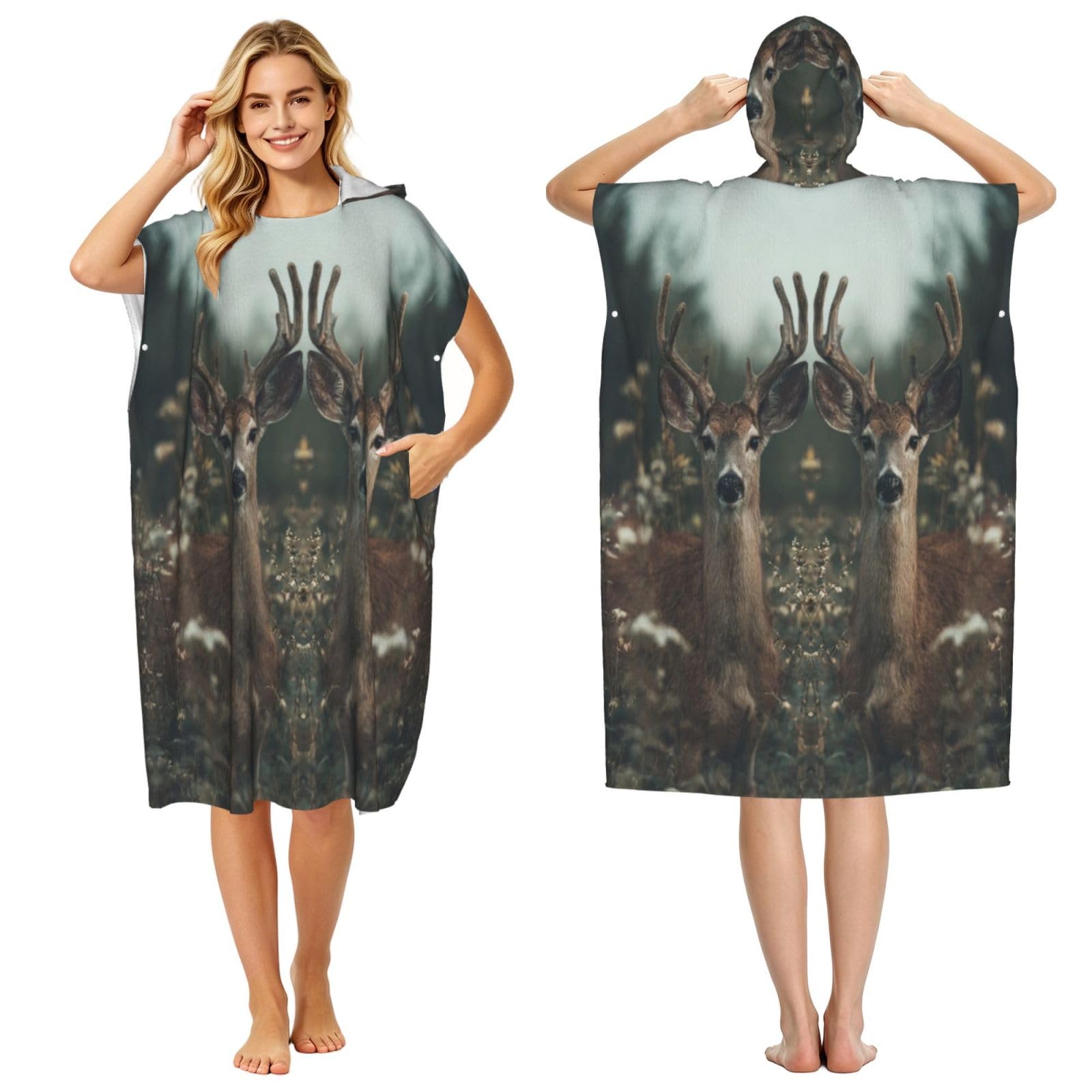 DTHKJNLSF Deer In The Jungle Adult Hooded Beach Poncho Towel
