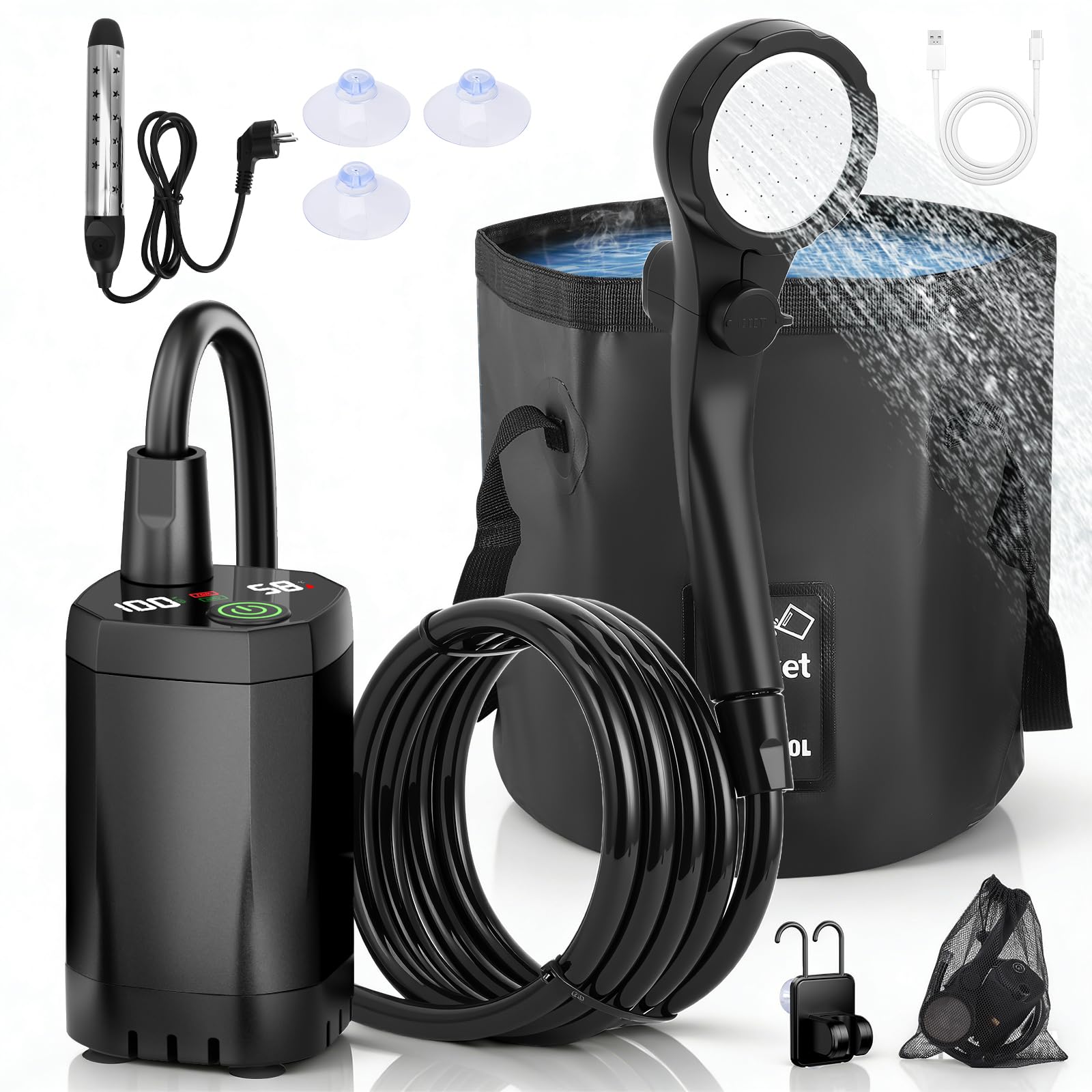 Doccia da Campeggio, [Ricaricabile 6000mAh] Doccia Portatile con Asta Riscaldante, Display Digitale Intelligente, Doccia da Esterno per Spiaggia, Auto, Giardino, Animali