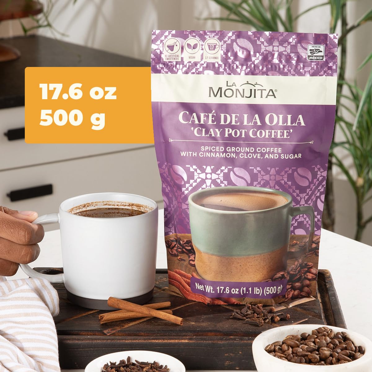 La Monjita Traditional Mexican Coffee - Café de la Olla - Ground Coffee Blend with Cinnamon & Clove - 17 Servings (500g / 17.6oz Pouch)