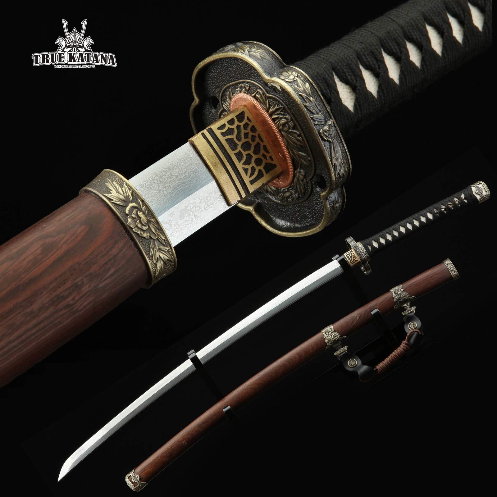 TRUEKATANA Handmade Damascus Steel Copper Chinese Lion Theme Real Japan Samurai Tachi Sword