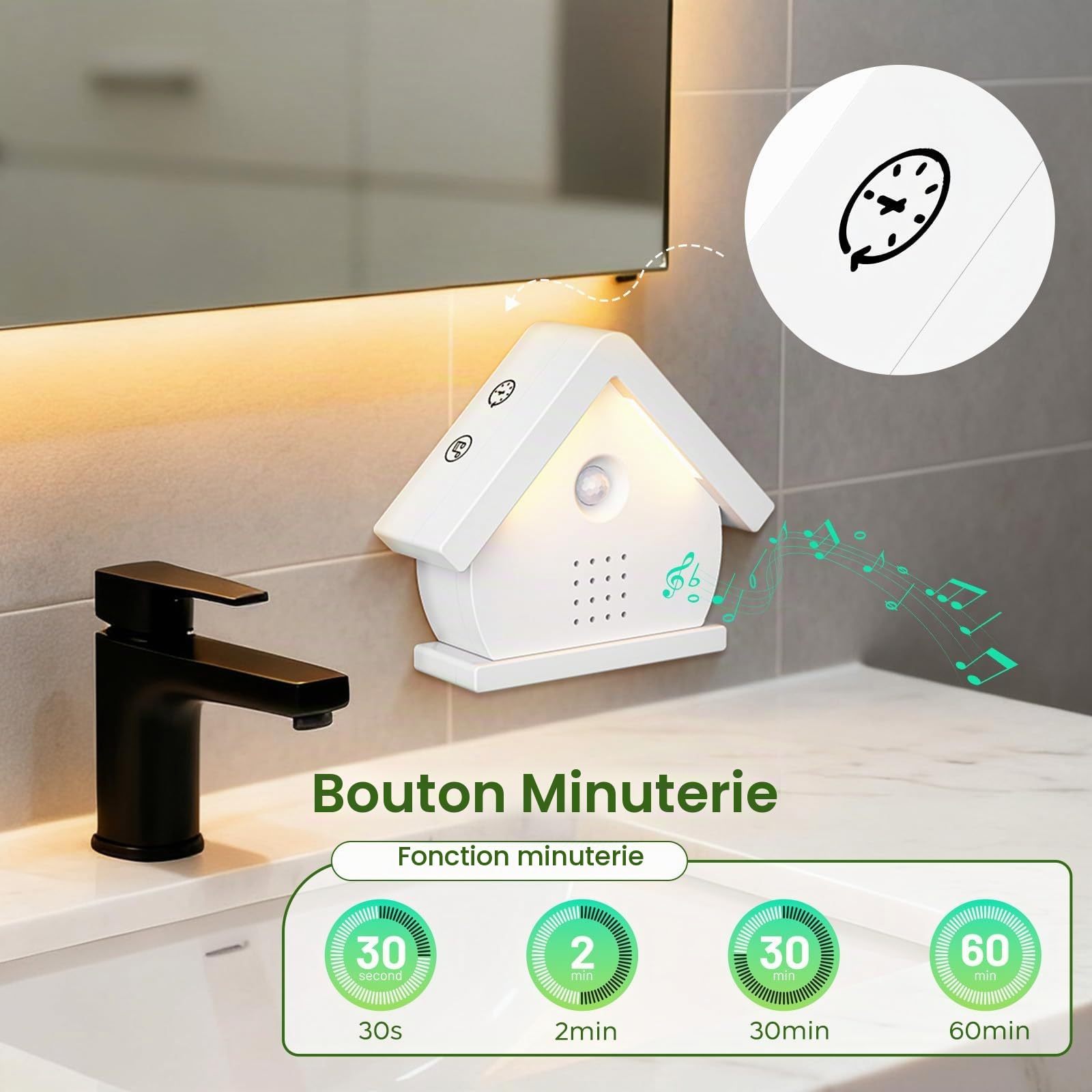 Boîte à Détecteur de Mouvement, Boîte à Chants d'oiseaux Boîte à Sons Naturels avec Lumières LED, Minuterie, 12 Chansons Apaisantes, pour Salle de Bain, Maison, Détente pour Adultes (White)