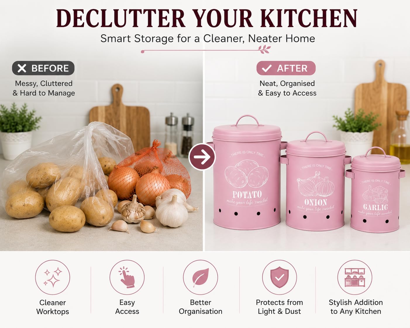JRose Collections 3 Stück Küche Vorratsdosen Set Verzinkte Eisen Kartoffel Zwiebel Knoblauch Vorratsdosen mit belüfteten Löchern und Deckeln Metall Gemüse Vorratsdosen Rosa