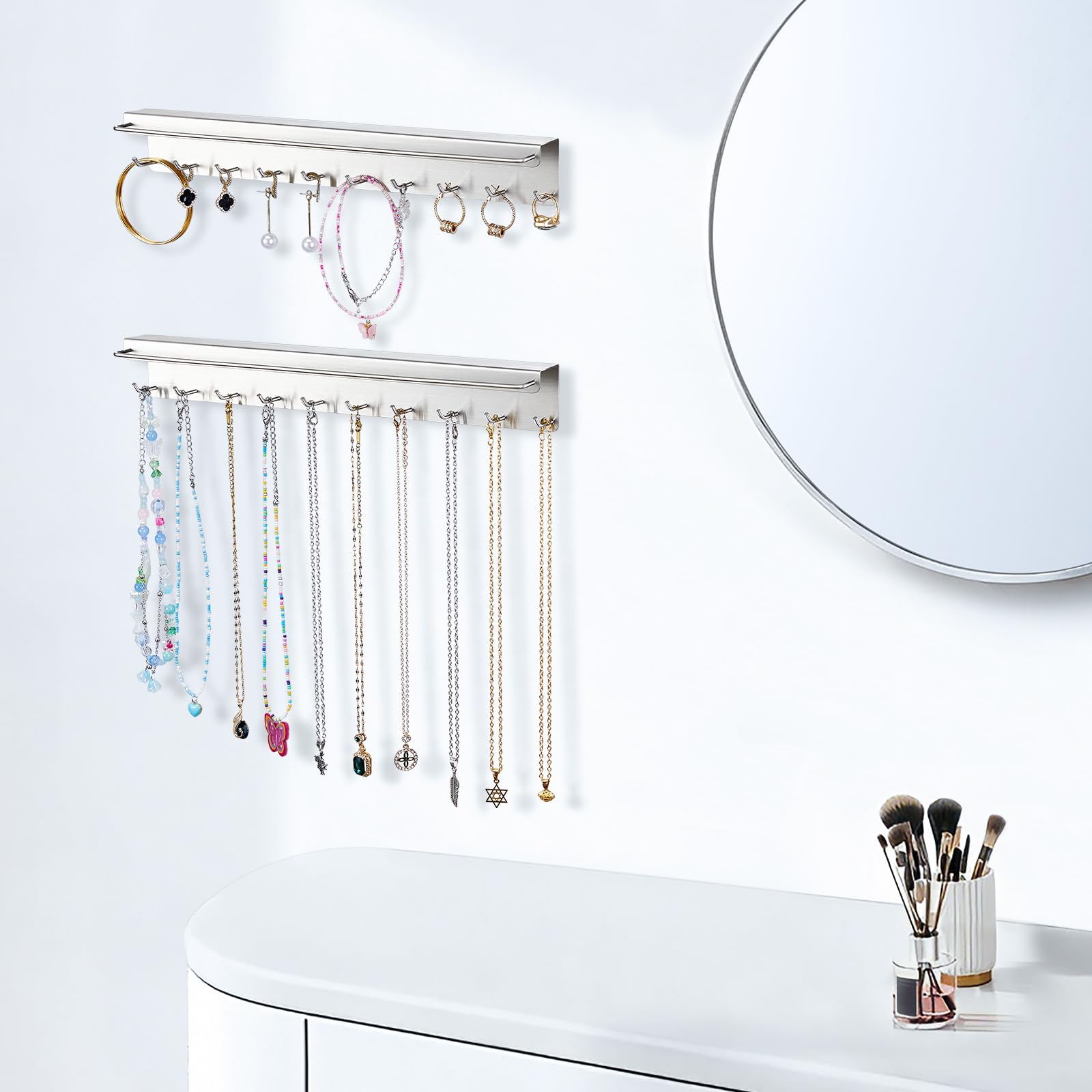 2 Pezzi Porta Collane da Parete, Espositore Gioielli per Collane, Bracciali e Orecchini, Porta Gioielli da Appendere con 20 Ganci, porta Occhiali, Organizer occhiali Da sole (Argento)