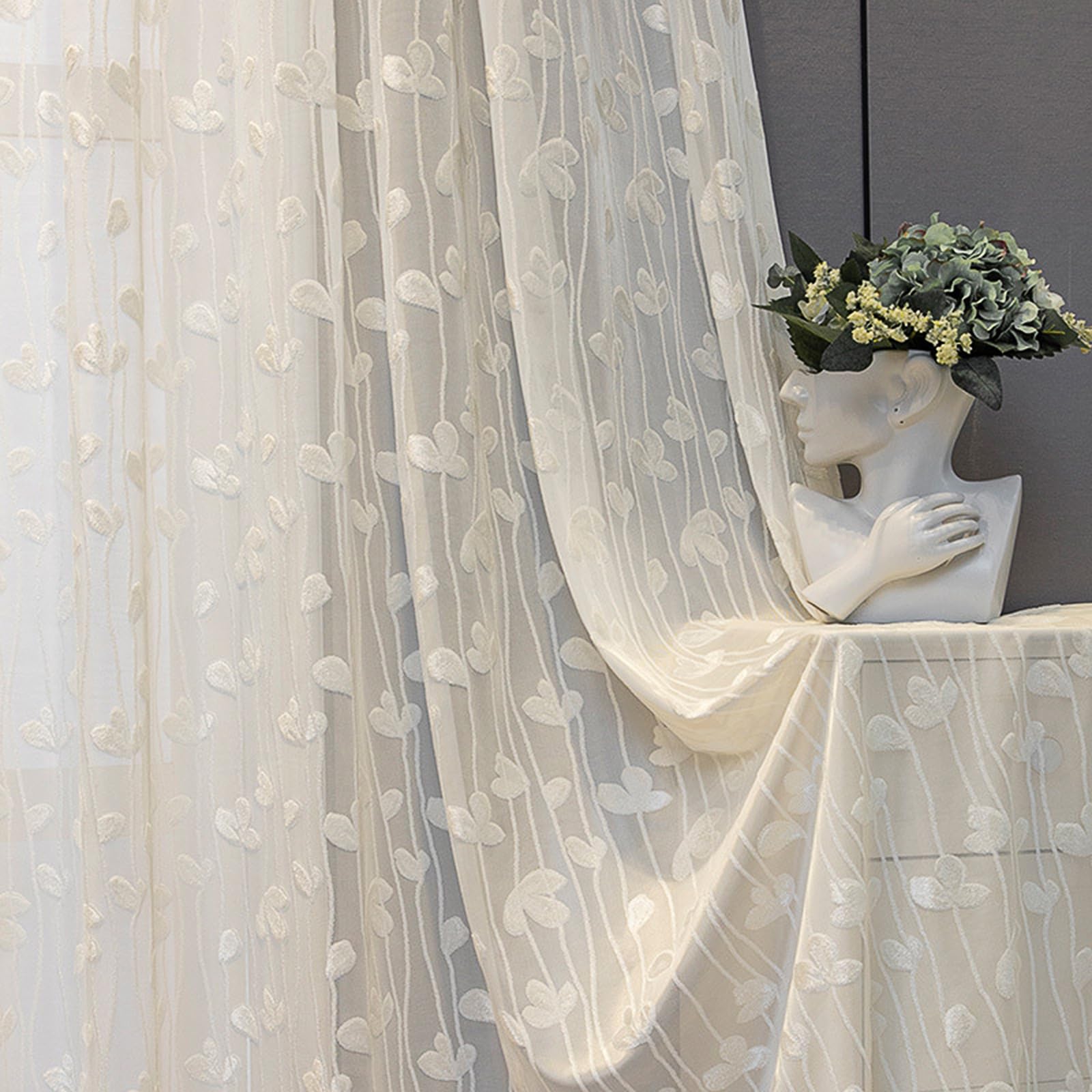 Rideau Voilage Moderne en Coton, Dentelle Jacquard Épuré | Lot de 2 Panneaux | Voilage Léger Transparent pour Salon, Chambre, Cuisine | Style Américain Chic,Marron,140x260cm/55x102in
