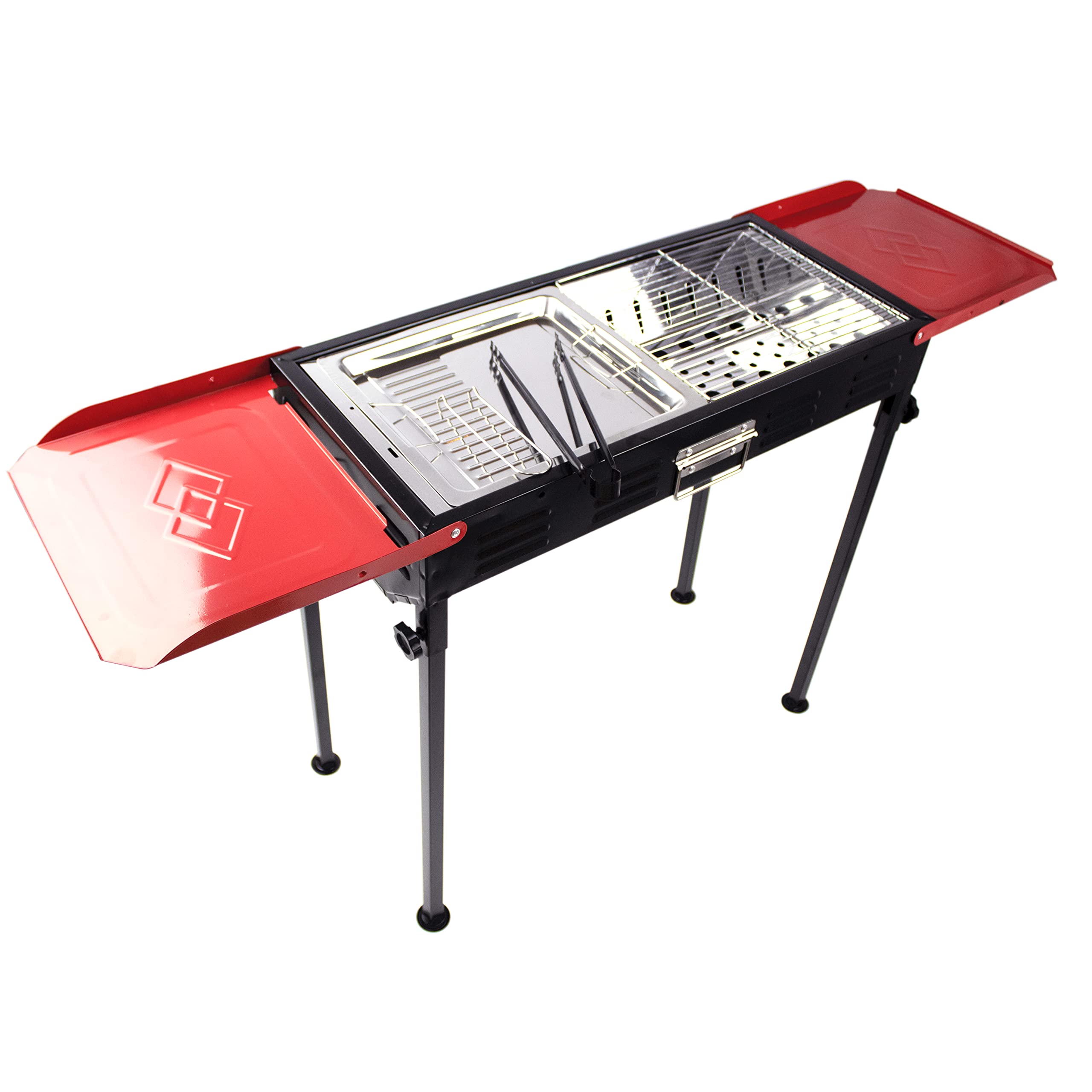 Yanek Stainless Steel Charcoal BBQ Grill – Large Black Foldable Barbecue Stand with Side Shelf & Storage Basket, Portable Grill for Camping, Picnic, Backyard, Travel & Outdoor Cooking (68x66.5x30 CM)