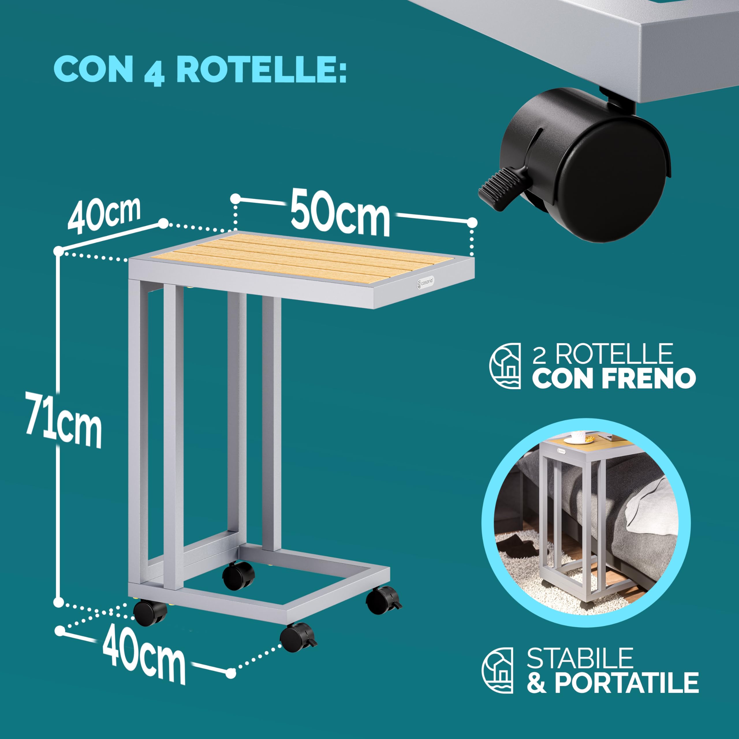 Casaria® Tavolo a C 50x40x66cm Piano in metallo WPC Portata 25 kg con Ruote Tavolino da Salotto Tavolino per Esterno