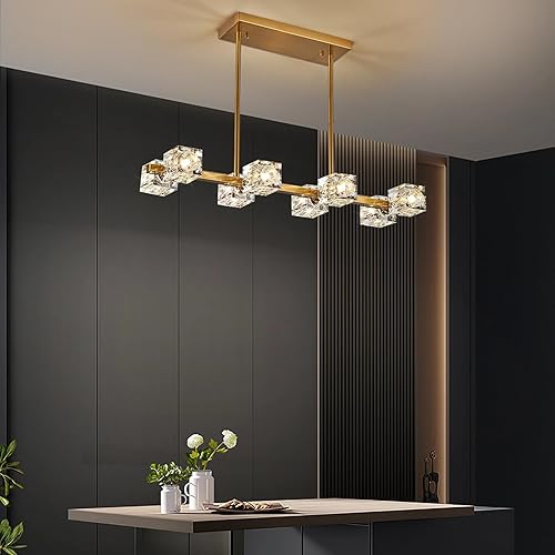 Miniatura 4 de OKES Lámpara colgante rectangular de cristal dorado con 10 luces de granja para cocina, isla de comedor, sala de estar, dormitorio