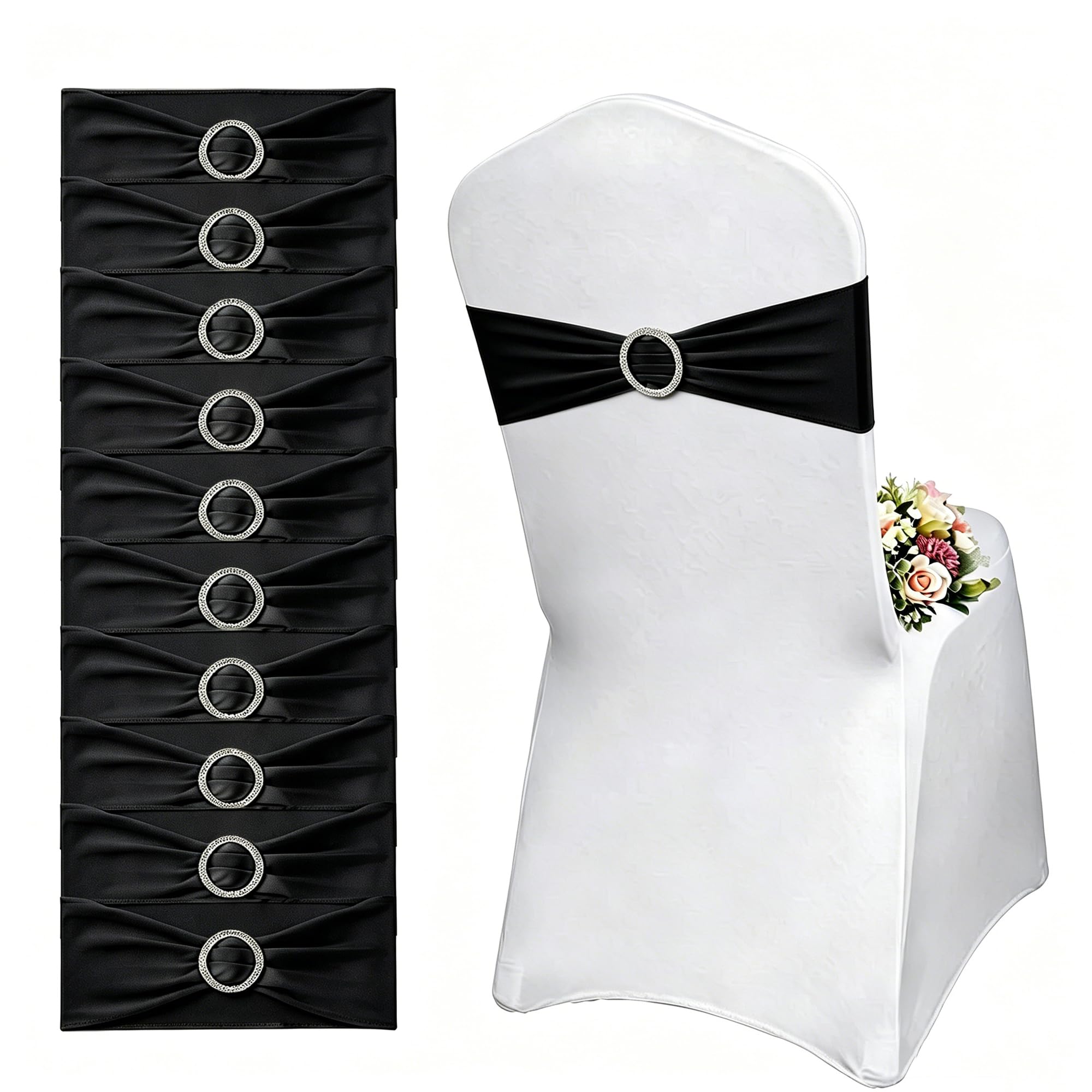 50 x elastyczne szarfy na krzesło z okrągłą klamrą, spandeks, pokrowce na krzesła ślubne, opaski na krzesło, dekoracja na ślub, baby shower, bankiet, przyjęcie, urodziny, imprezę (czarne)
