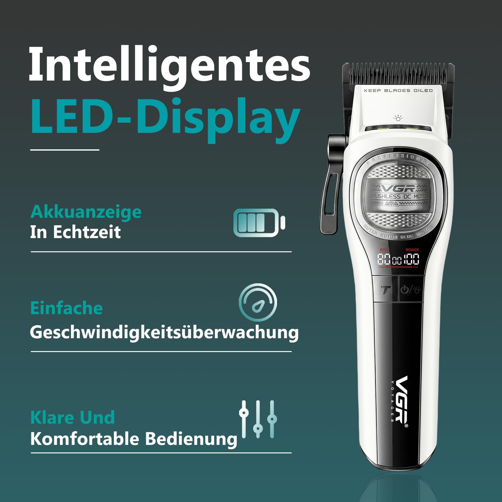 VGR 888C Haarschneidemaschine Profi Drahtlos, Clipper Haarschneider mit LED | Profi Haarschneidemaschine mit Turbolader, Hair Clipper mit Außenläufer BLDC Motor, Beleuchtung, Ladestation