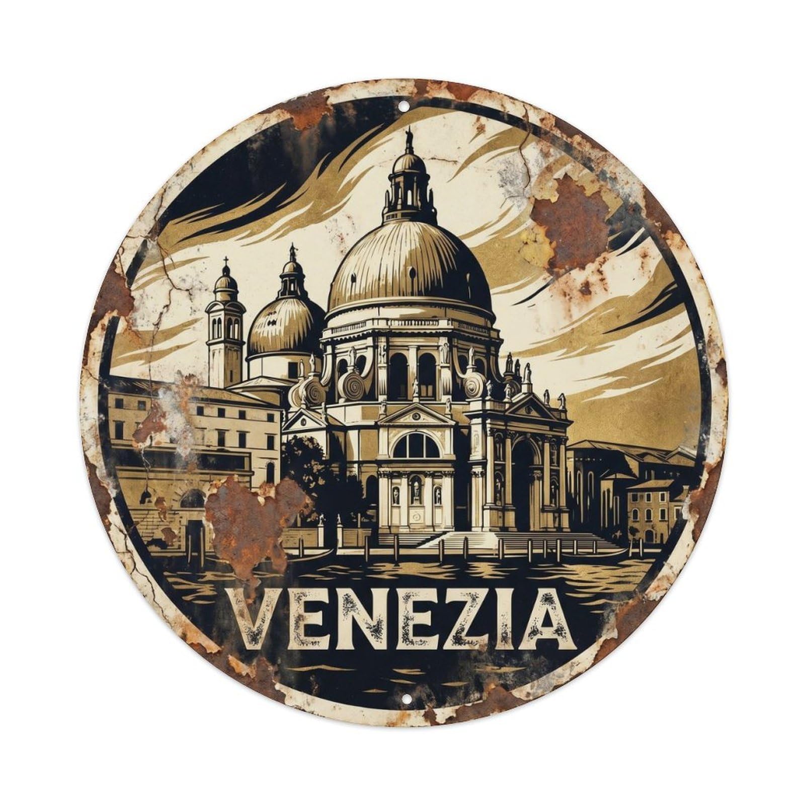 European Venice Dome Basilica Travel Cathedral Historic Discovery Metal Tin Sign Plaque Wall Decor for Cafe, Man Cave, Club Bar, Office, Home Garden Round Metal Poster 8x8Inch