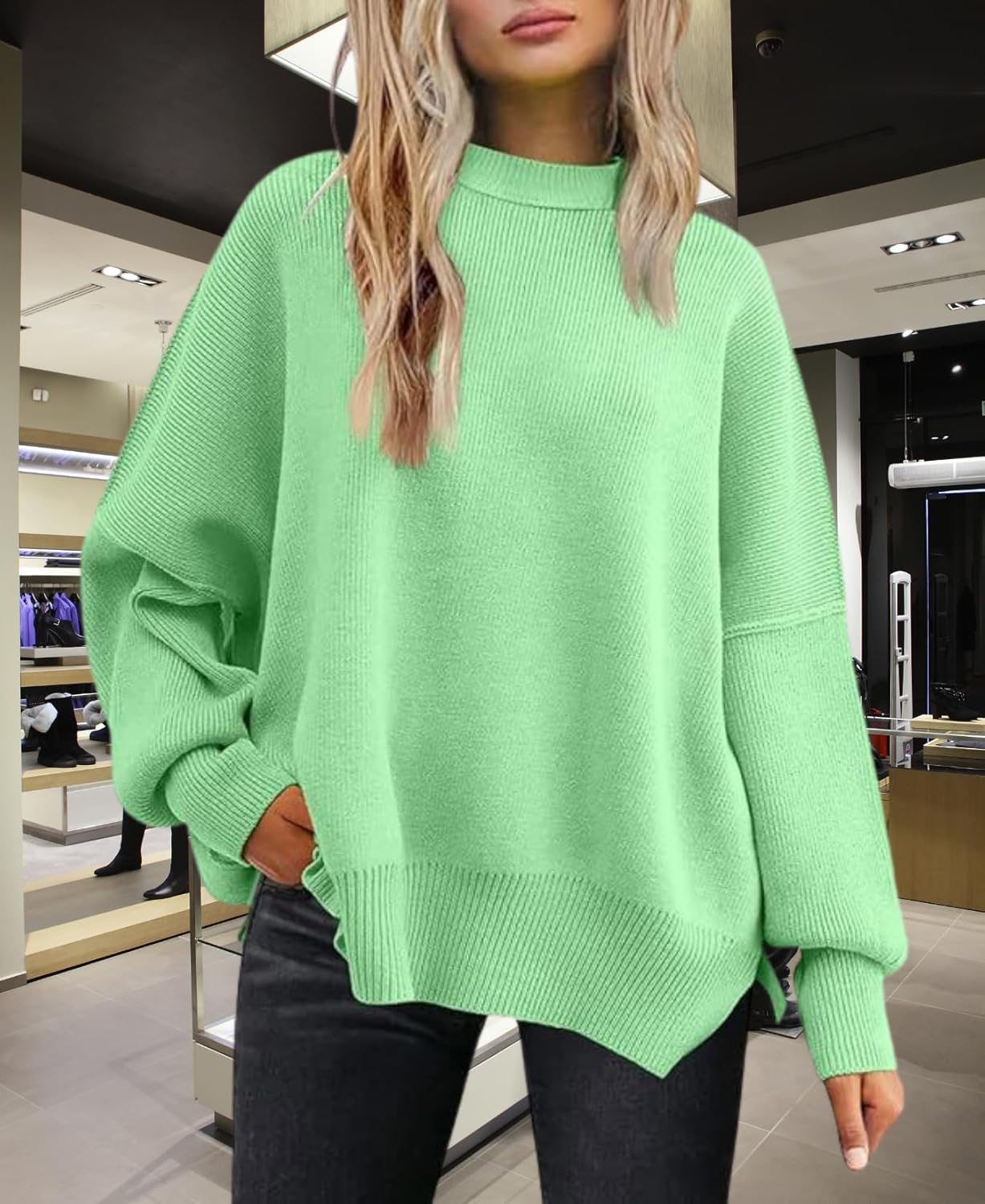 Women's Batwing Sweater Oversized Knit Pullover with Side Slits Fall Casual Crewneck Top for Fashion Outfits - Image 3
