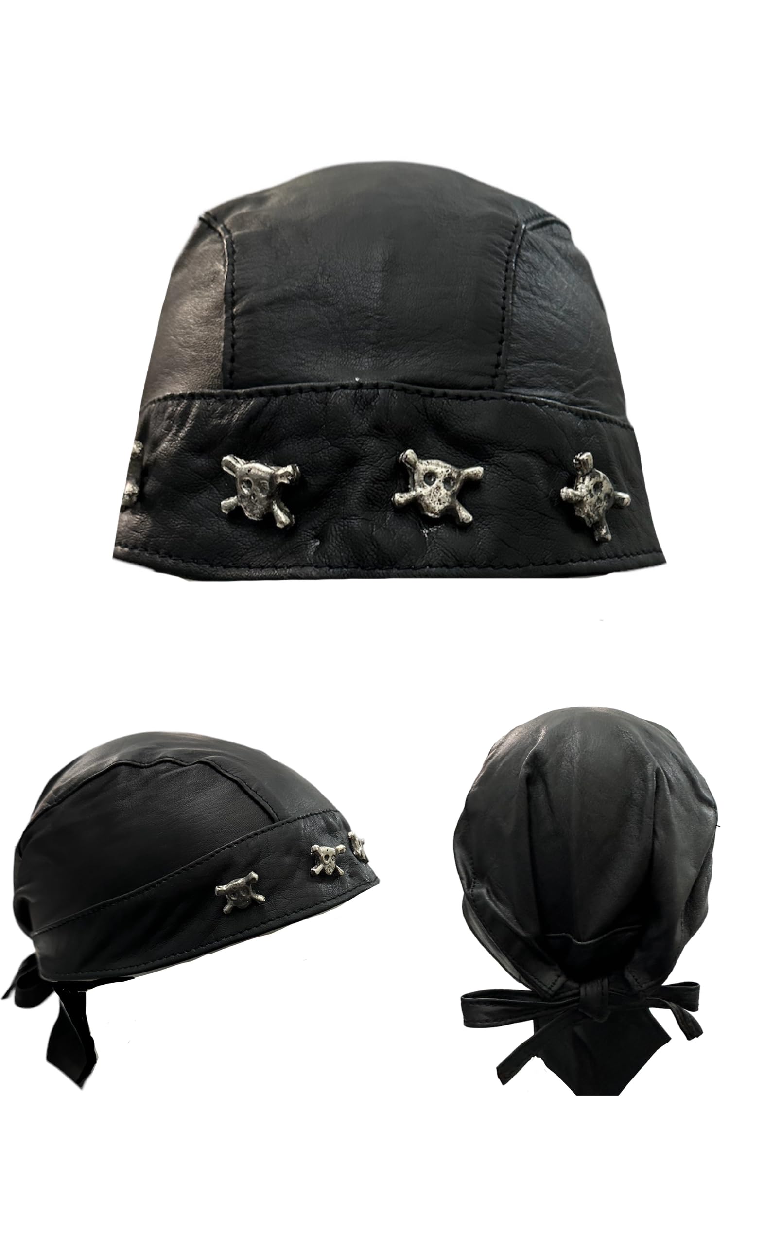 Italianboy2018 Unisex Black Biker,Punk, Pirate Skull Cap 100% Real Sheep Leather Free Size Adjustable