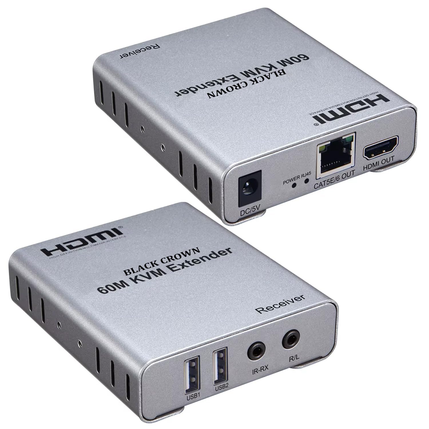 BLACK CROWN 60M KVM HDMI Extender with 1080P R/L Audio by CAT5E Cat6 RJ45 Ethernet Cable Transmitter Receiver Audio Video Converter PC Laptop to TV Monitor (Grey)-image-43
