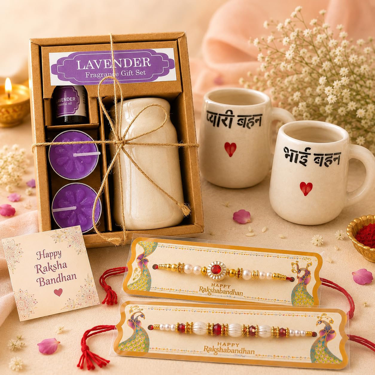 Athena Home Raksha Bandhan Lavender Fragrance Gift Set with Mugs | 2 Ceramic Coffee Mugs, 2 Designer Rakhis, Lavender Fragrance, Festive Hamper, Brother Sister-image-43