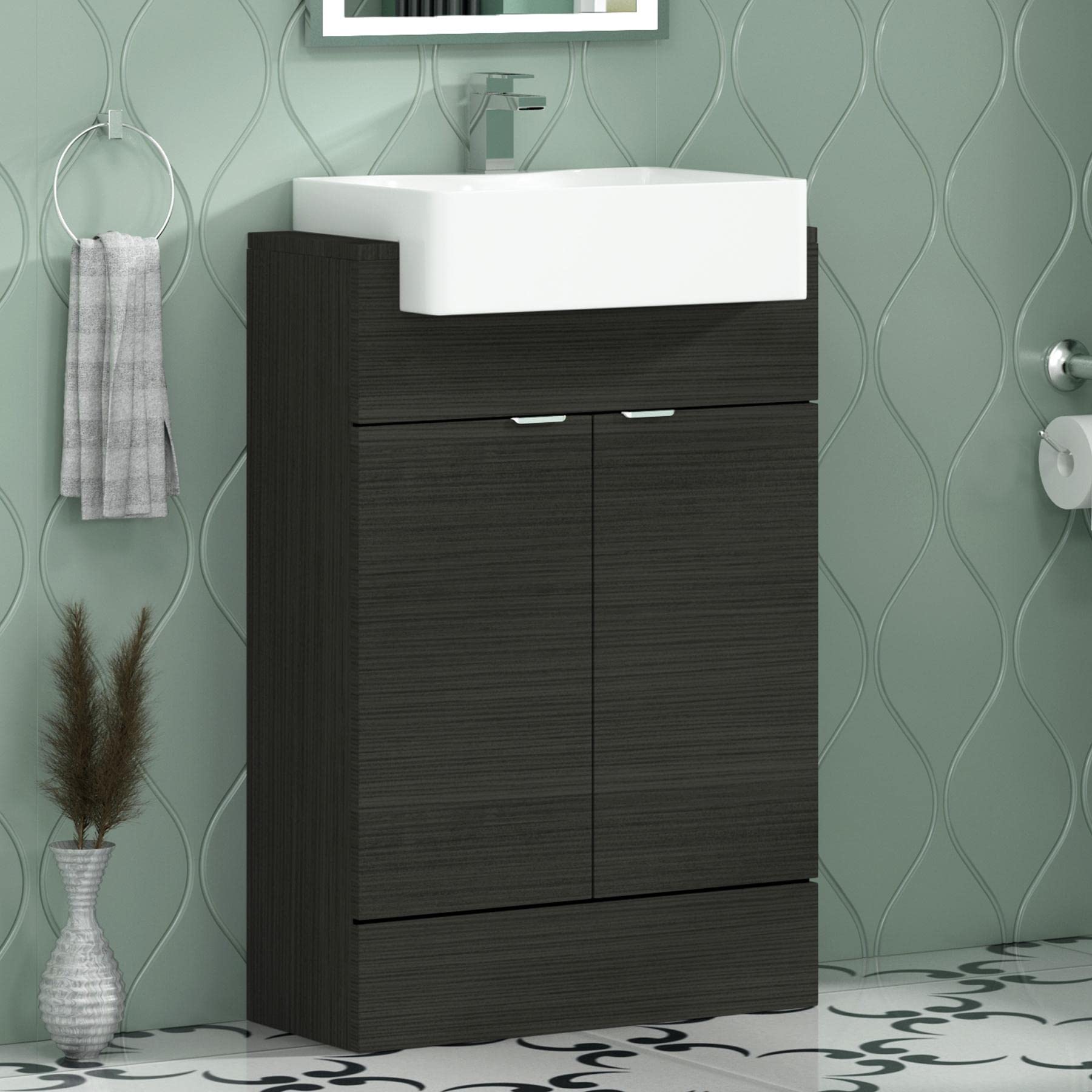 Royal Bathrooms Elena 600mm 2 Door Floor Standing Vanity Unit Storage Cabinet with Semi Recessed Basin - Charcoal Oak